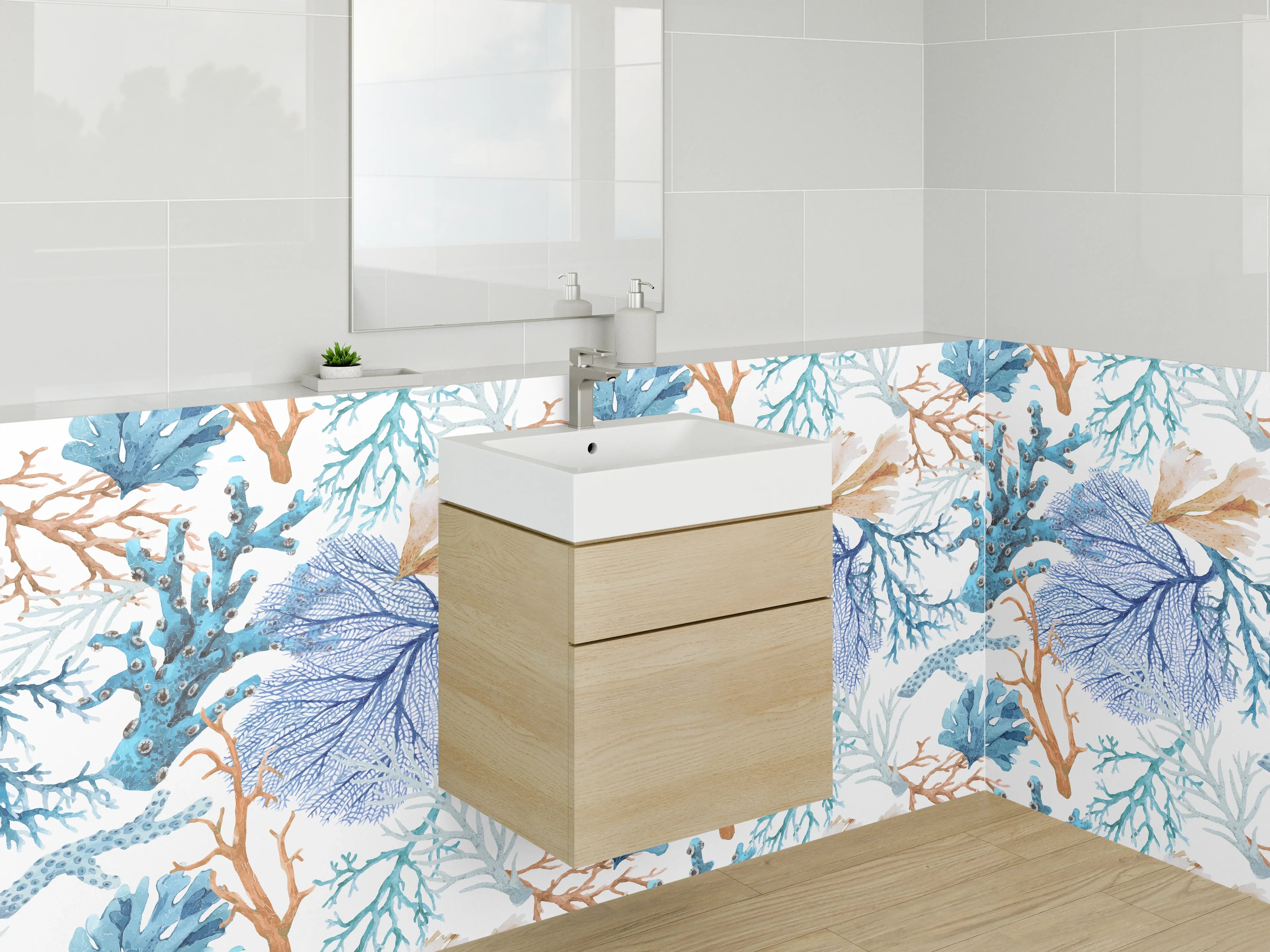 Waschbecken-Rückwand - Aquarell Korallenmuster Blau Beige