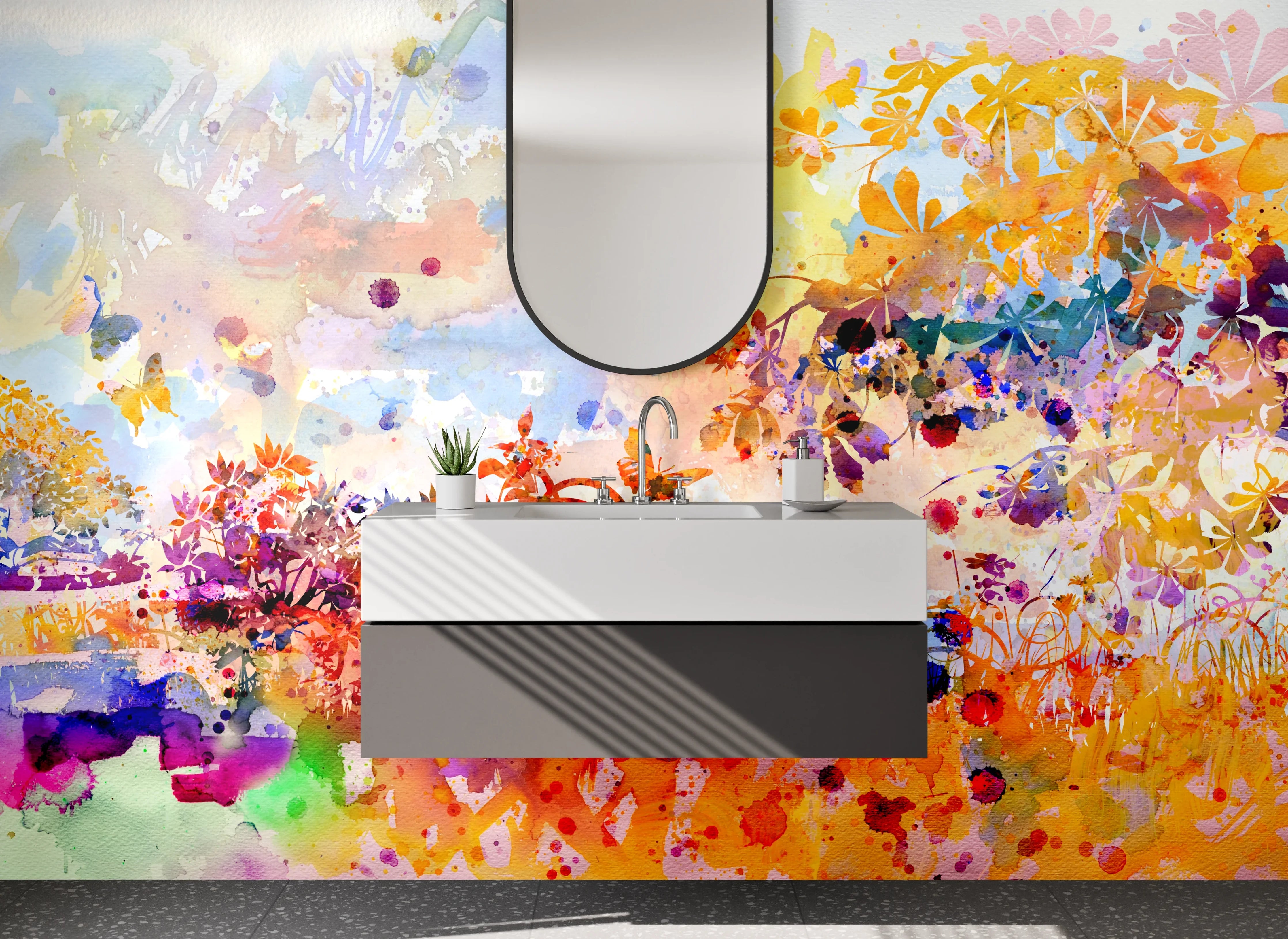 Waschbecken-Rückwand - Aquarell Landschaft Blumen Farbenpracht