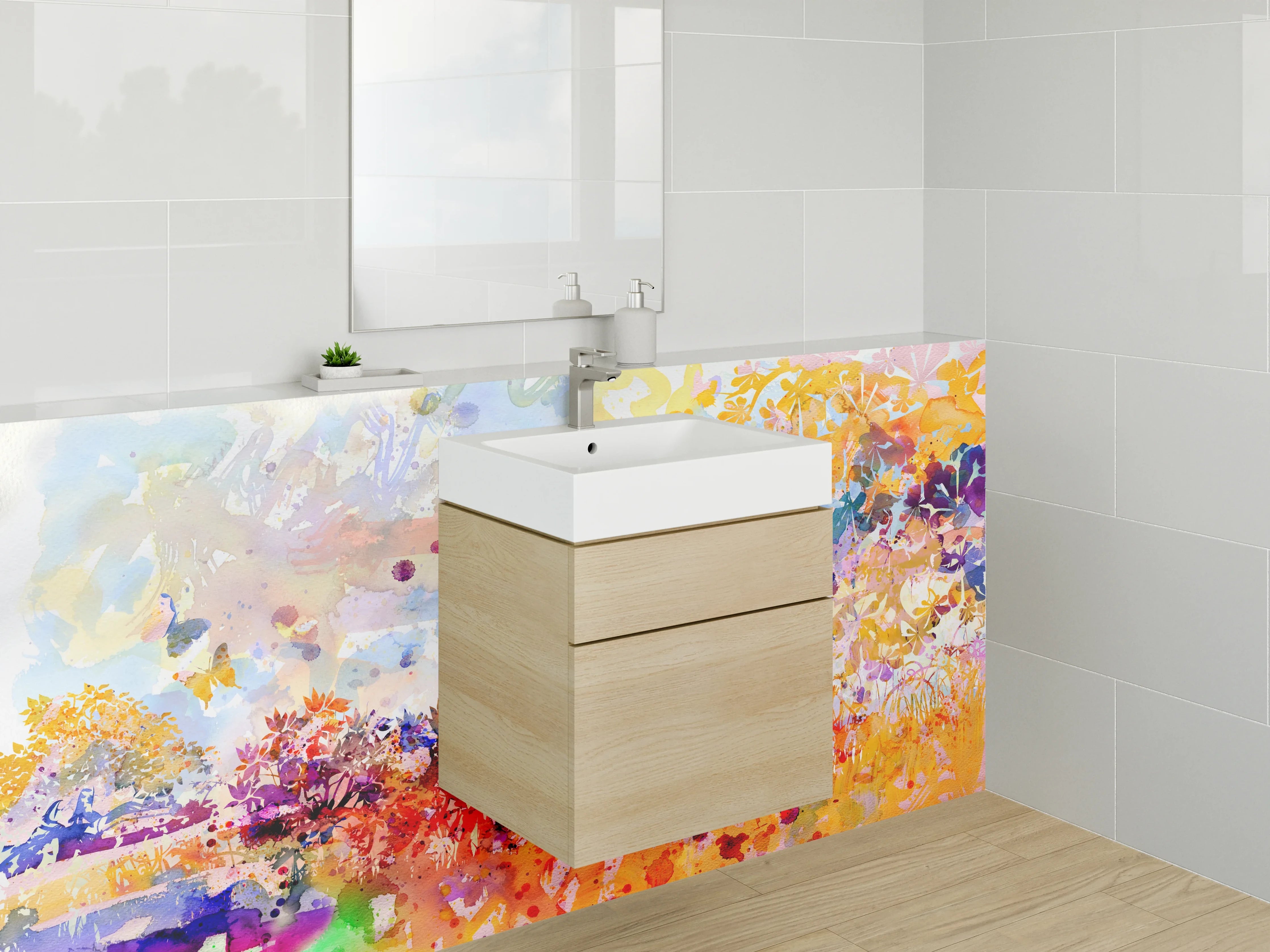 Waschbecken-Rückwand - Aquarell Landschaft Blumen Farbenpracht