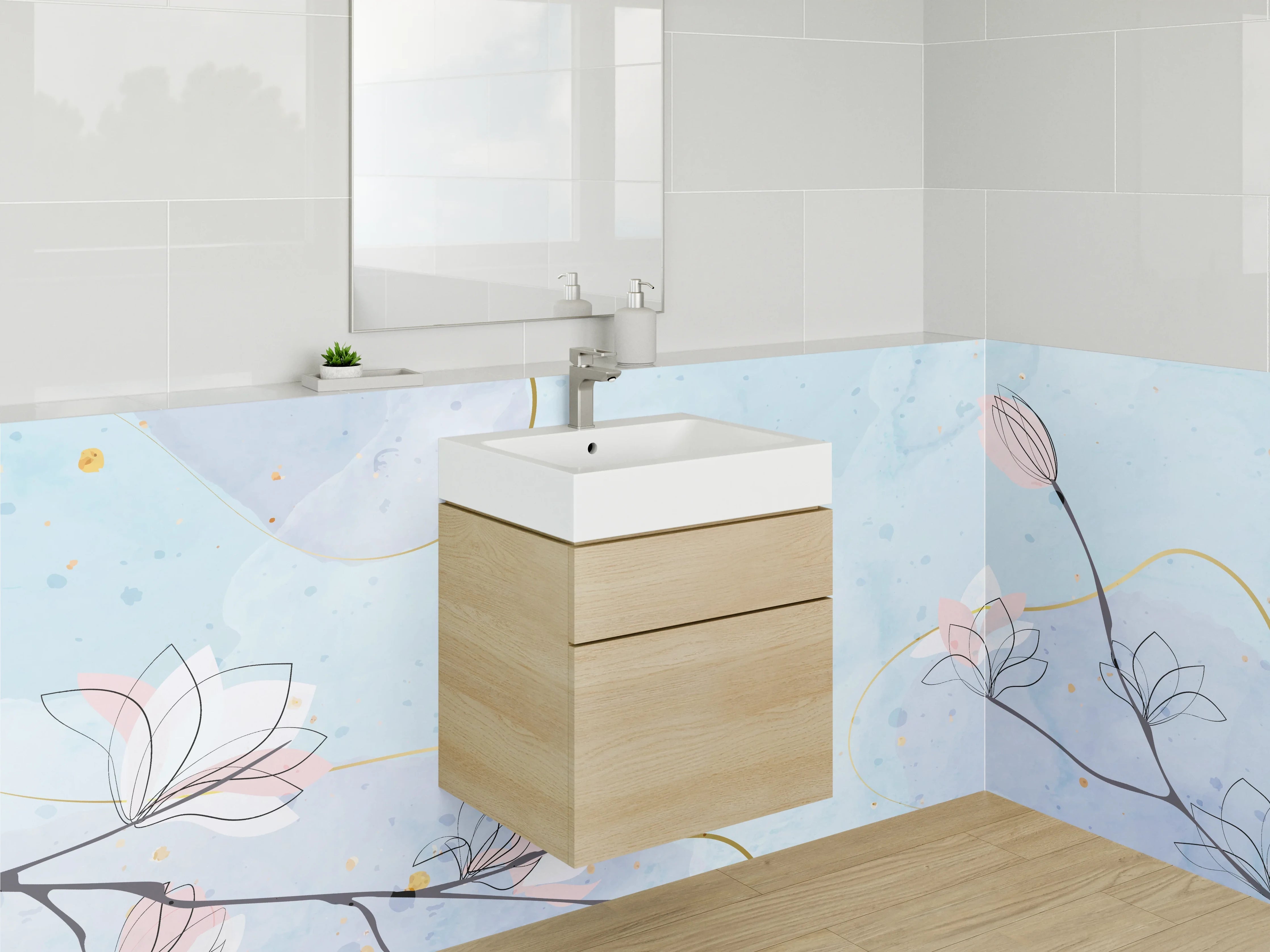 Waschbecken-Rückwand - Aquarell Lineart Blumen Blau
