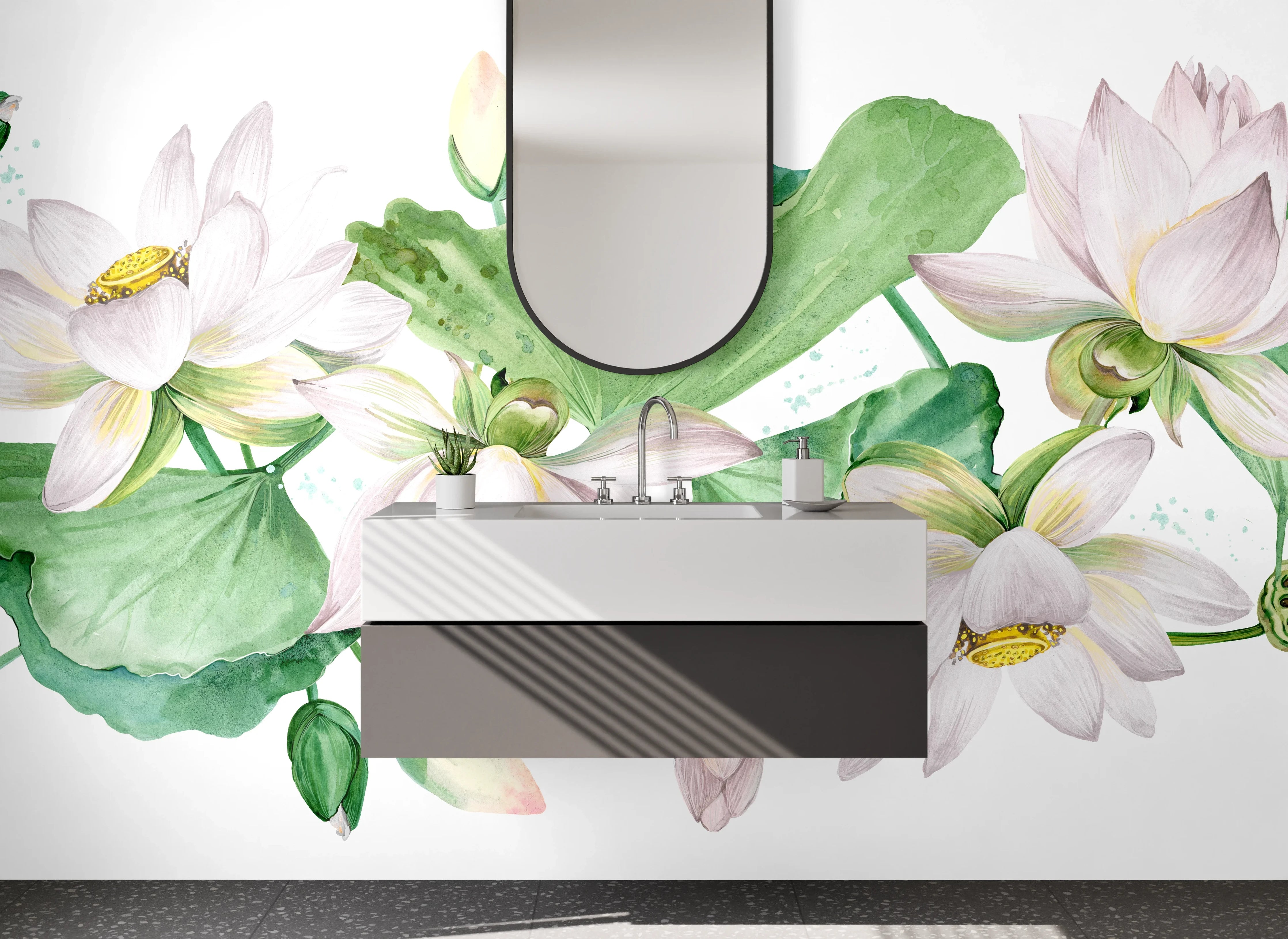 Waschbecken-Rückwand - Aquarell Lotusblüten auf Weiß