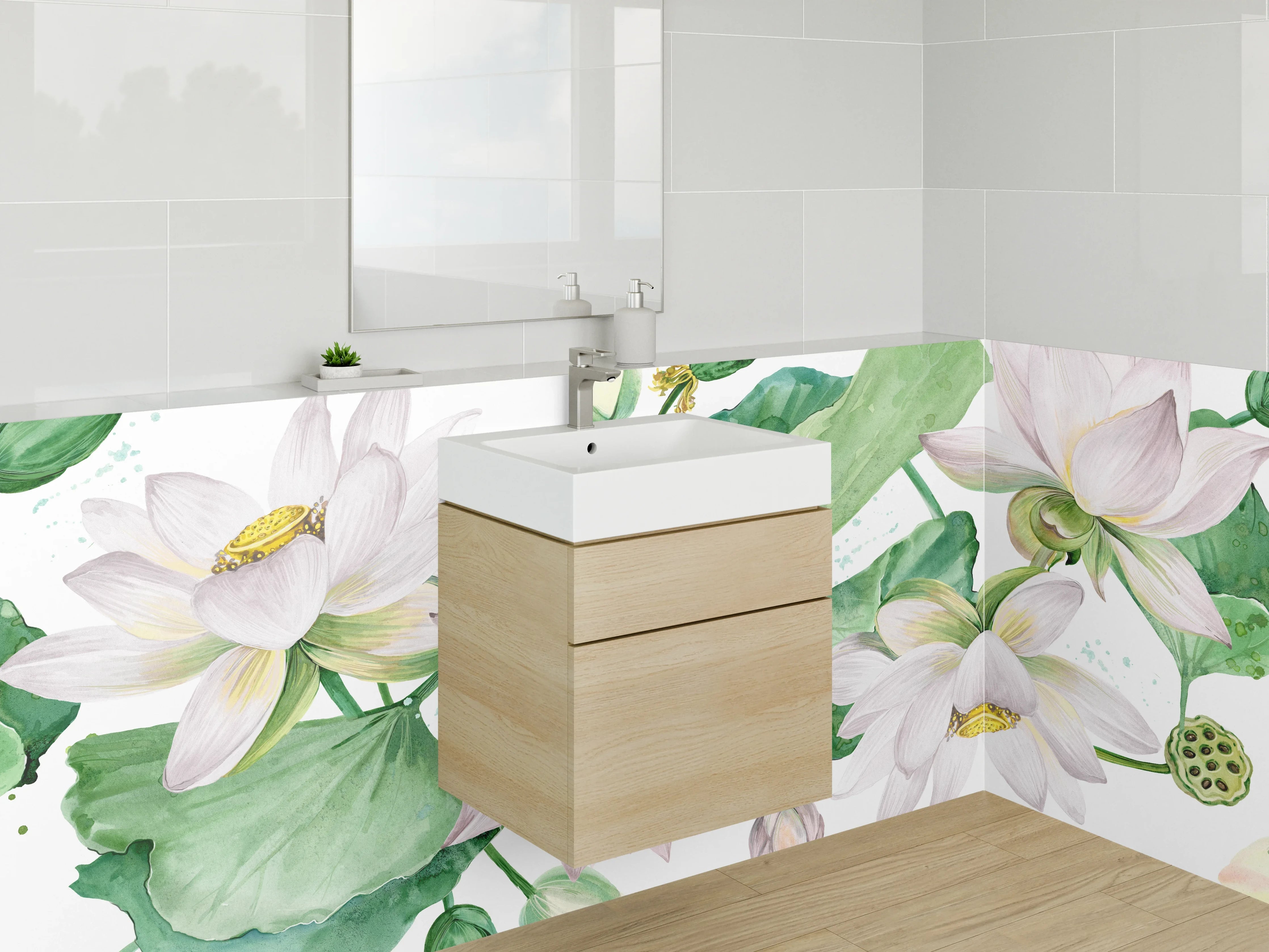 Waschbecken-Rückwand - Aquarell Lotusblüten auf Weiß