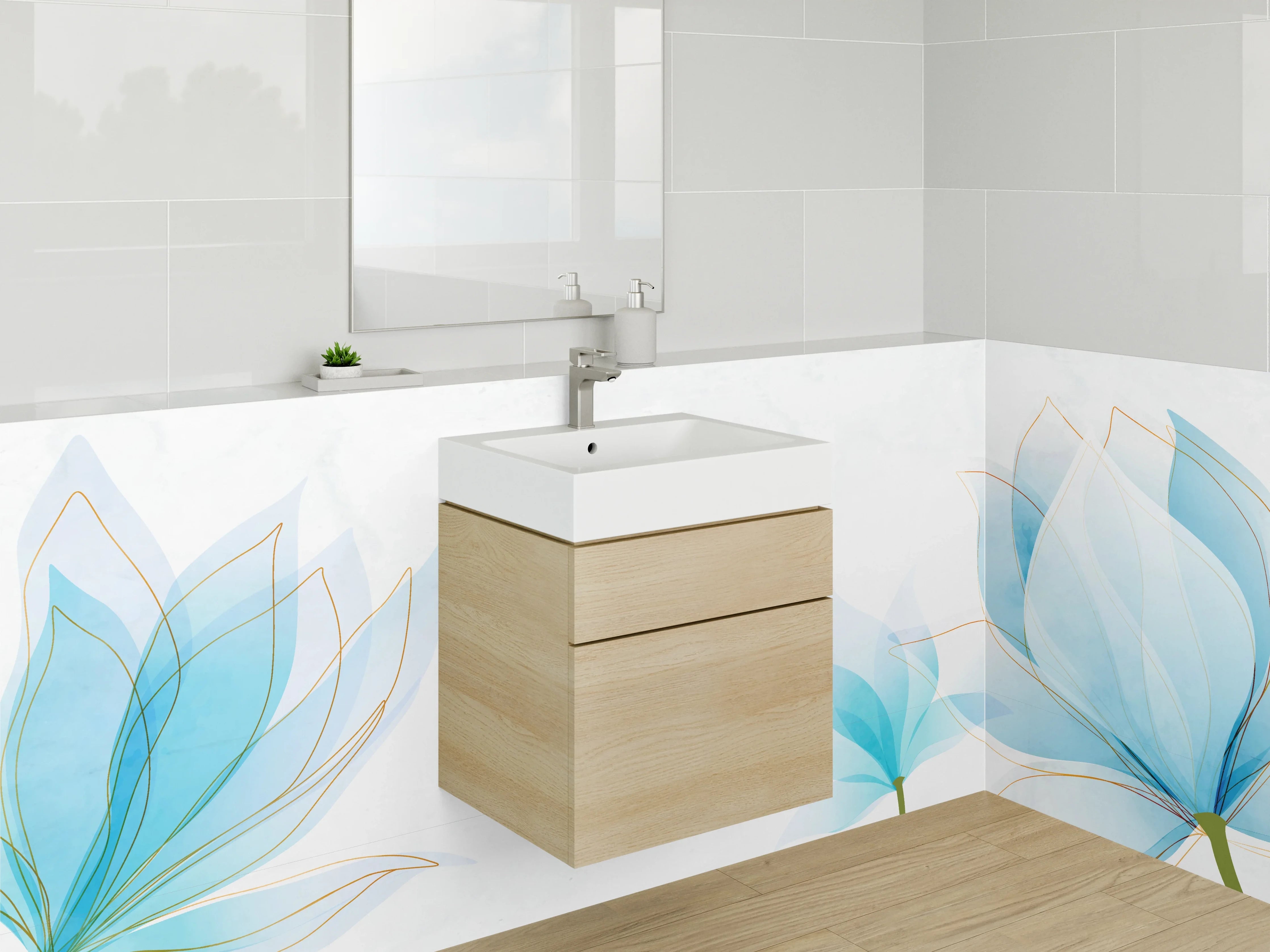 Waschbecken-Rückwand - Aquarell Lotusblumen in Blau Weiß