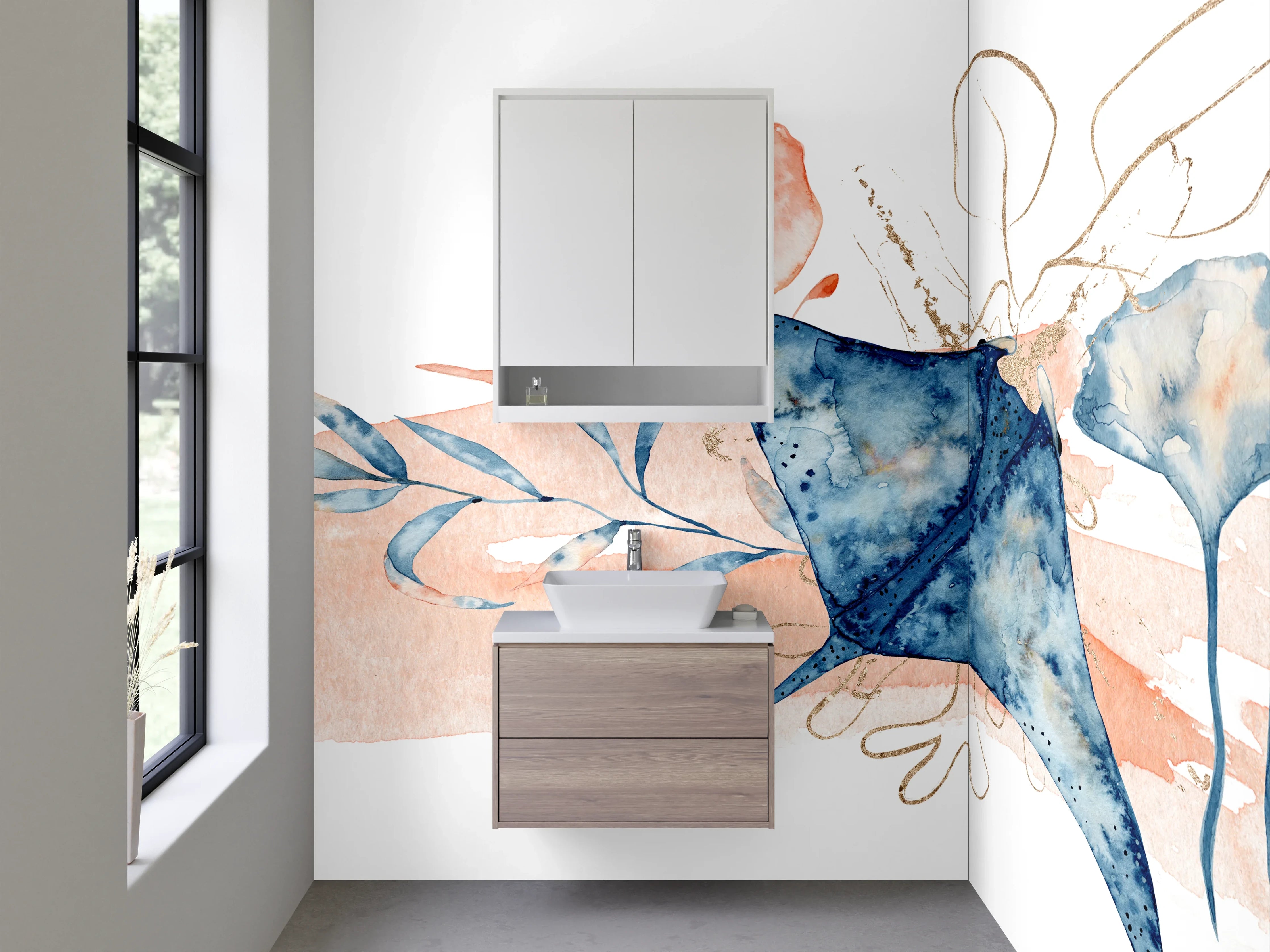 Waschbecken-Rückwand - Aquarell Manta mit floralen Elementen