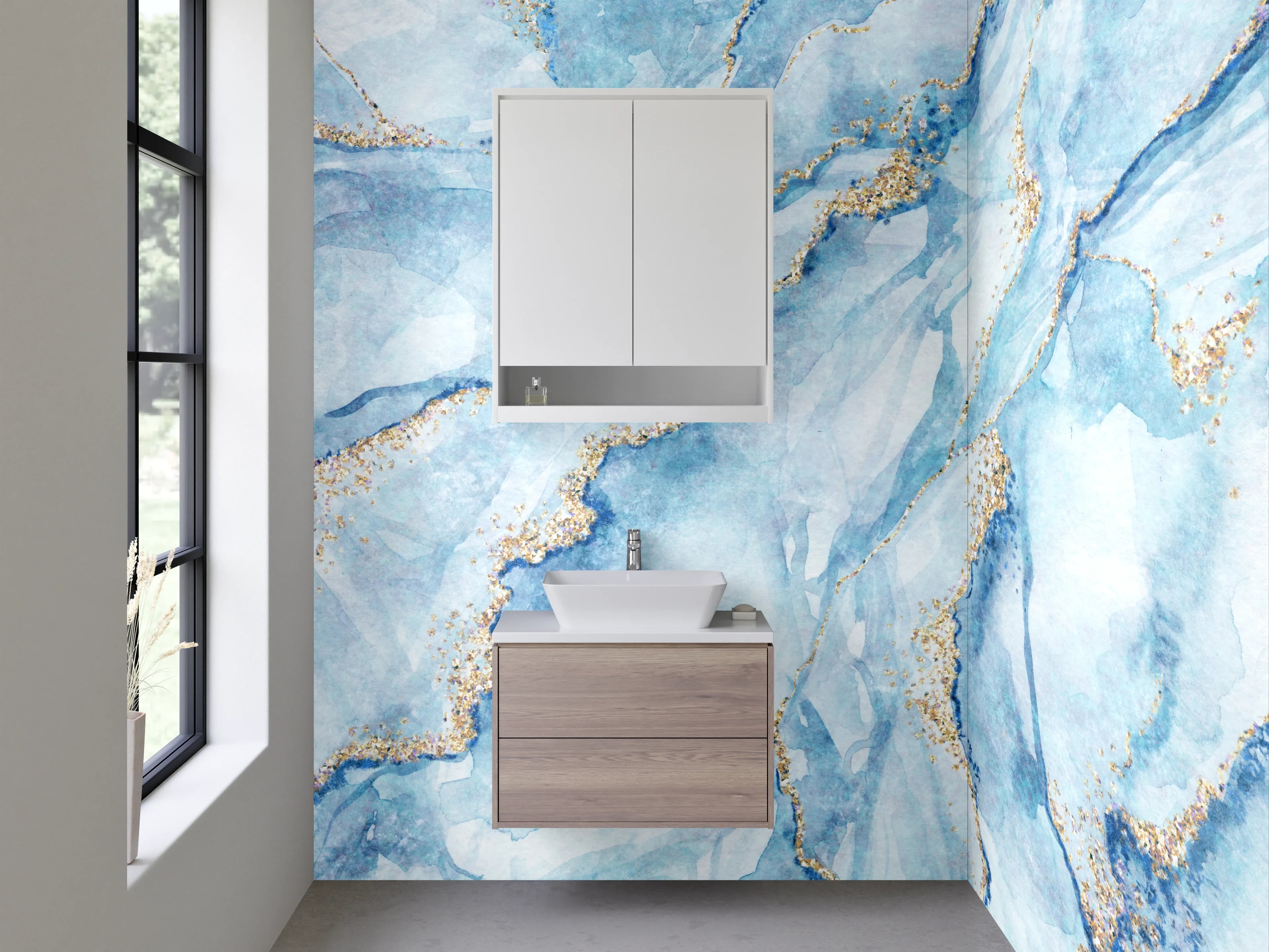Waschbecken-Rückwand - Aquarell-Marmor blau-gold