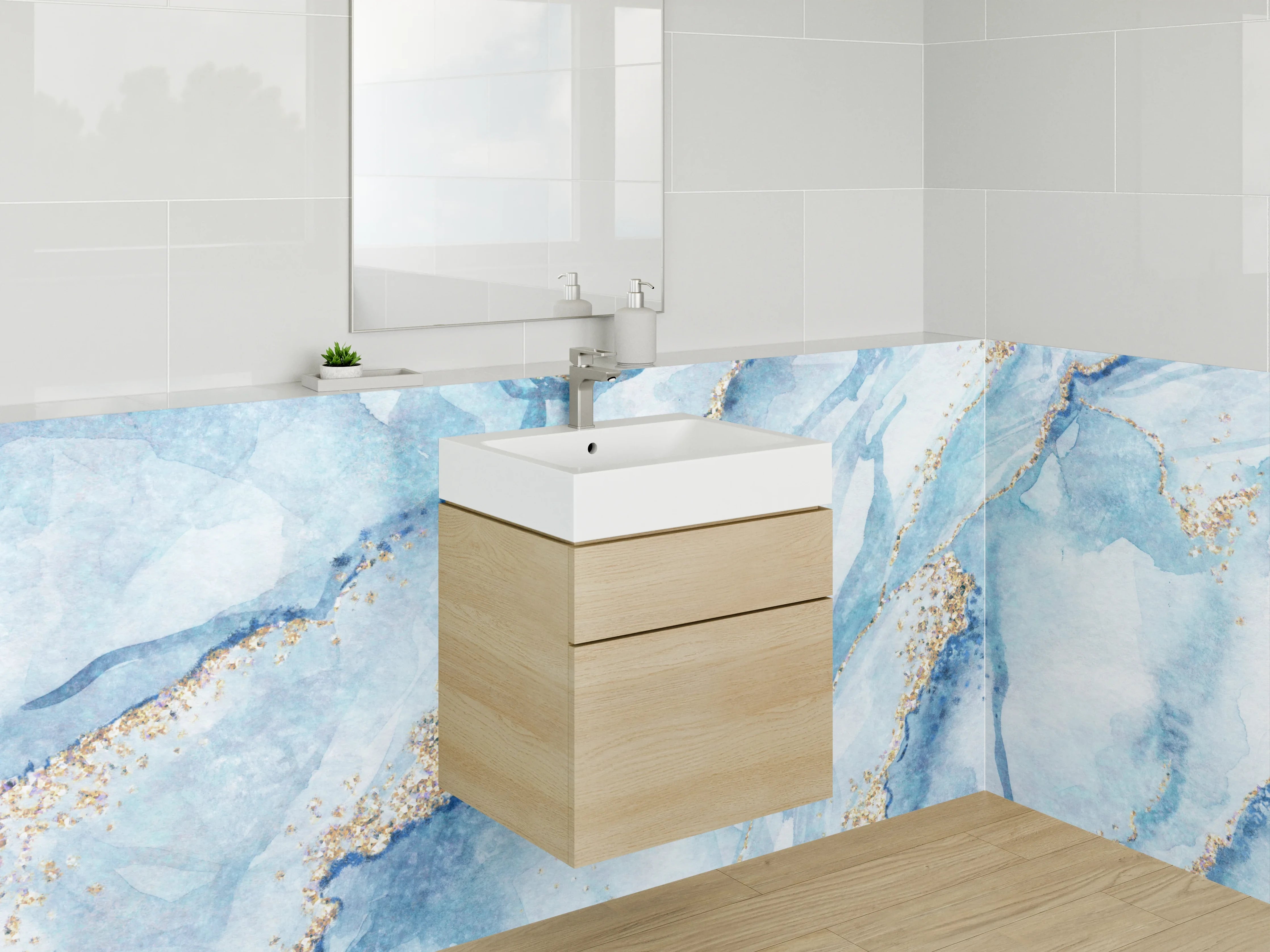 Waschbecken-Rückwand - Aquarell-Marmor blau-gold