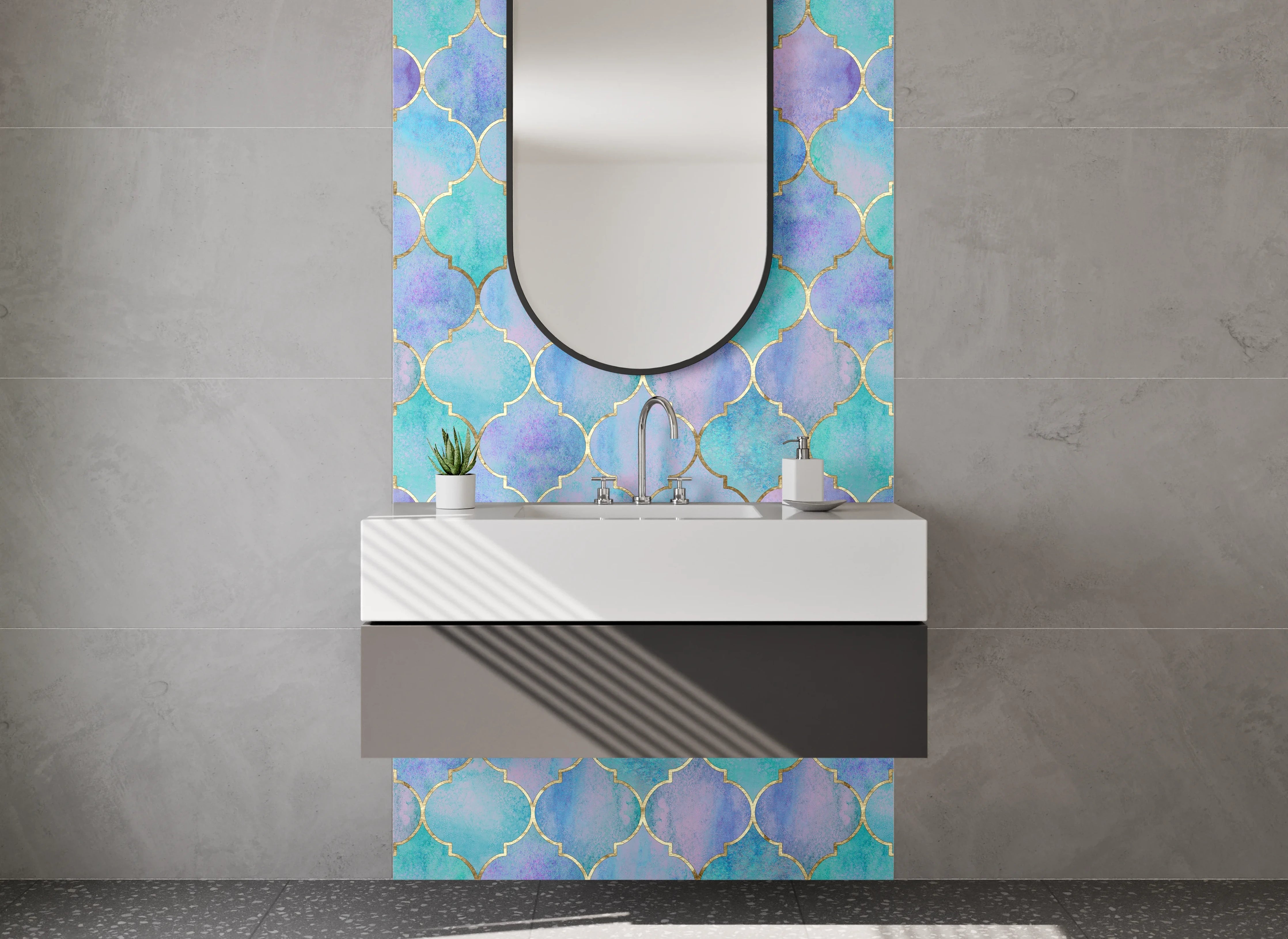 Waschbecken-Rückwand - Aquarell Mosaik Türkis Lila Muster