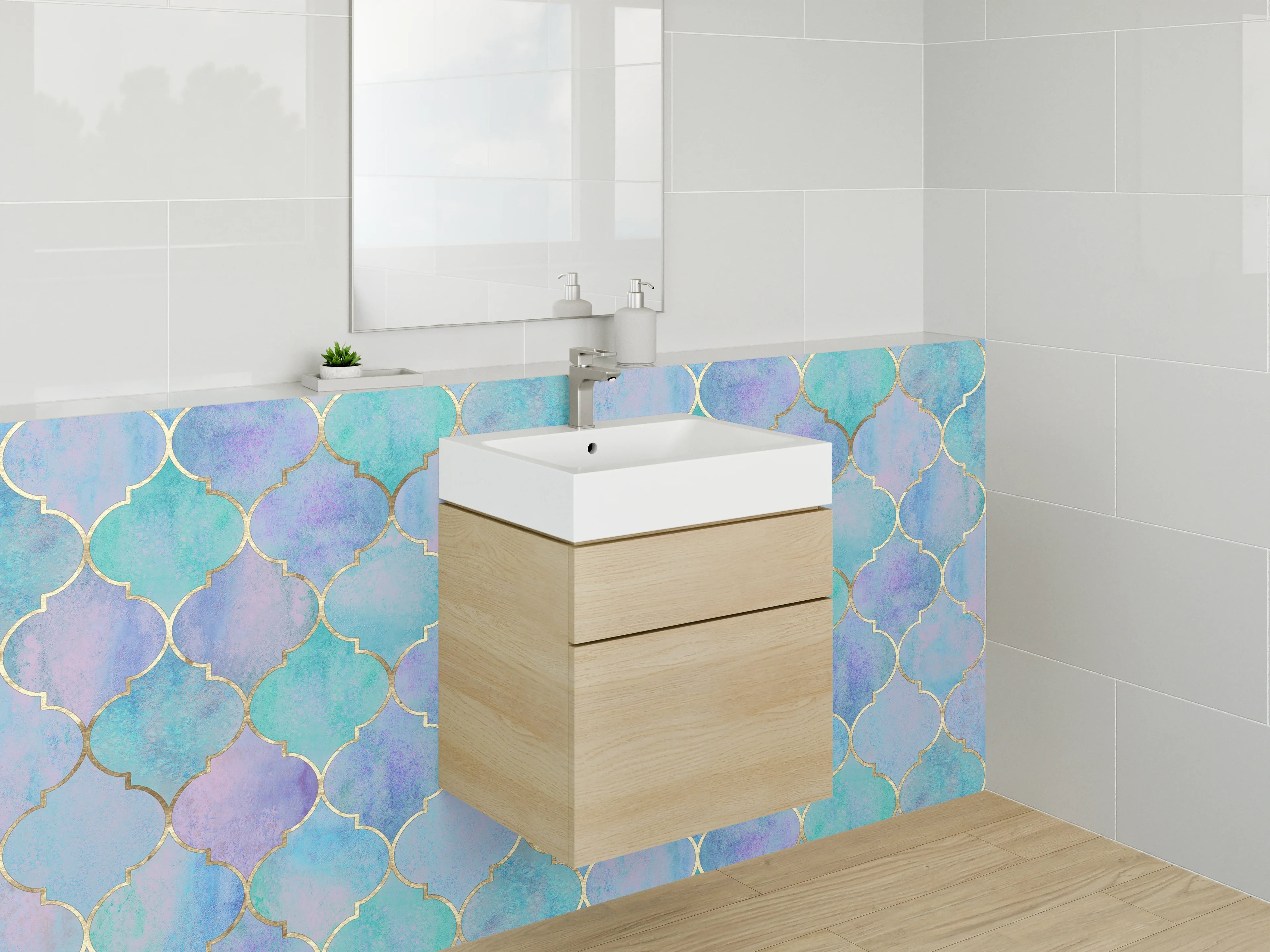 Waschbecken-Rückwand - Aquarell Mosaik Türkis Lila Muster