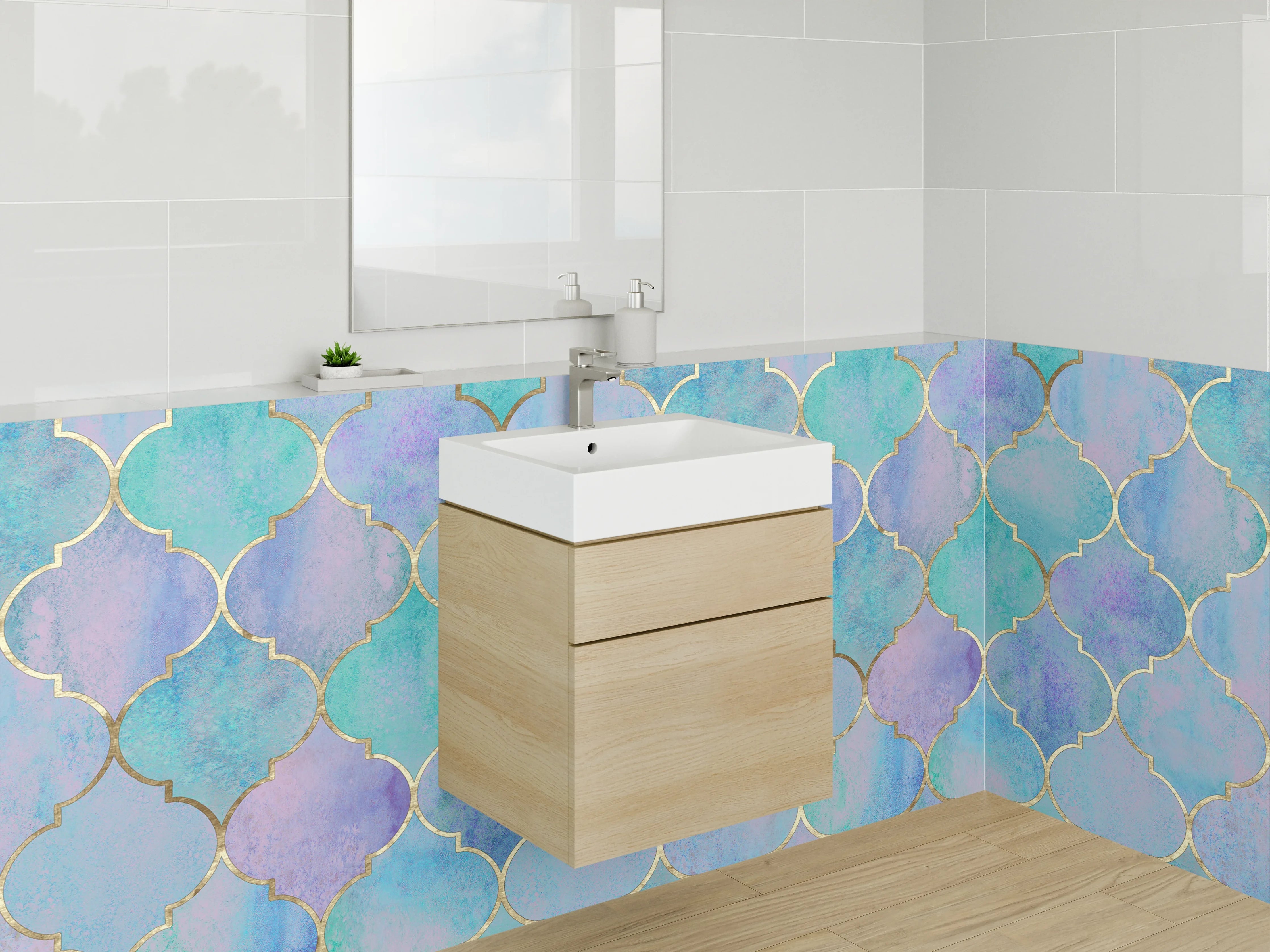 Waschbecken-Rückwand - Aquarell Mosaik Türkis Lila Muster