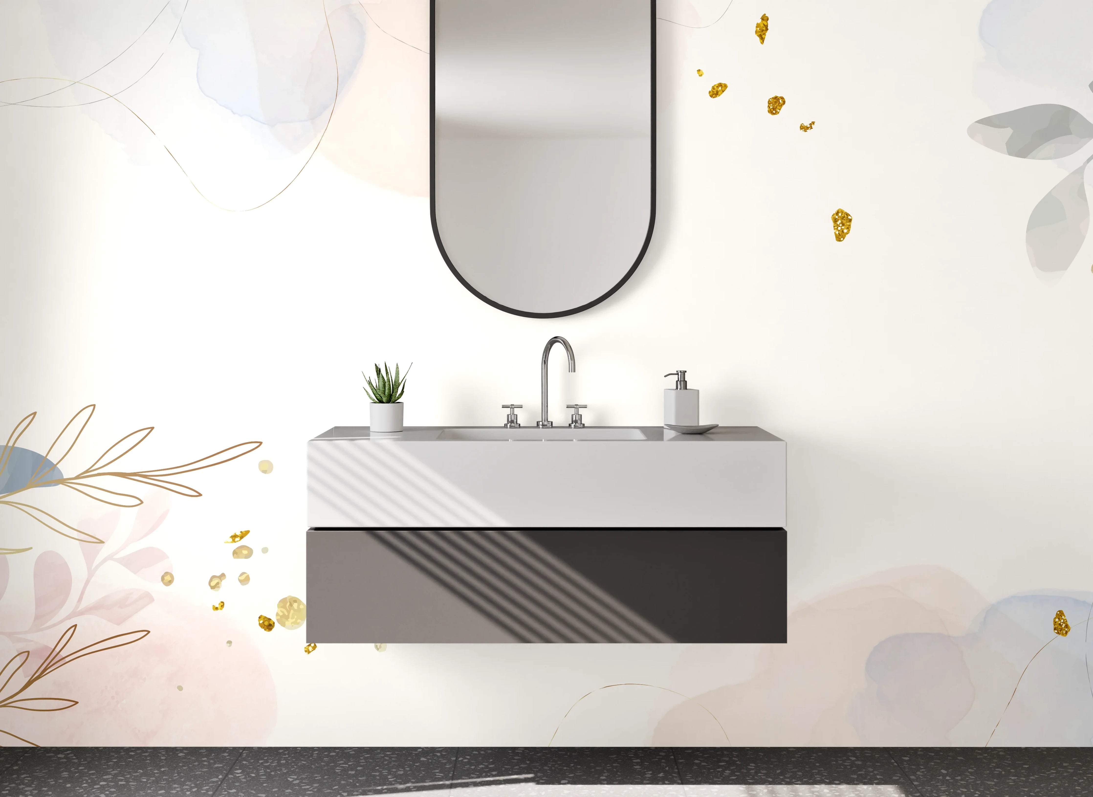 Waschbecken-Rückwand - Aquarell Pflanzen mit Goldakzenten