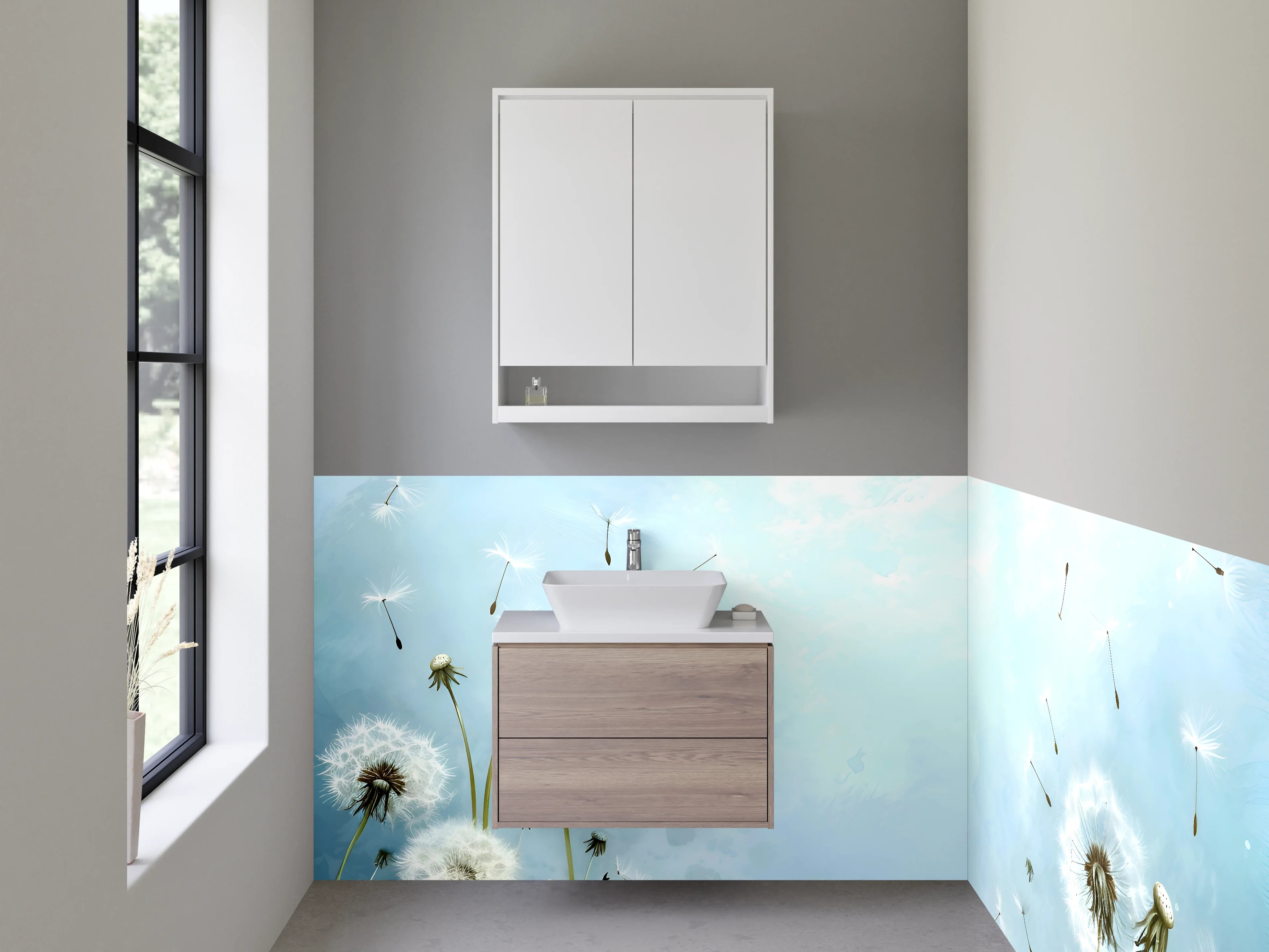 Waschbecken-Rückwand - Aquarell Pusteblumen Himmelblau