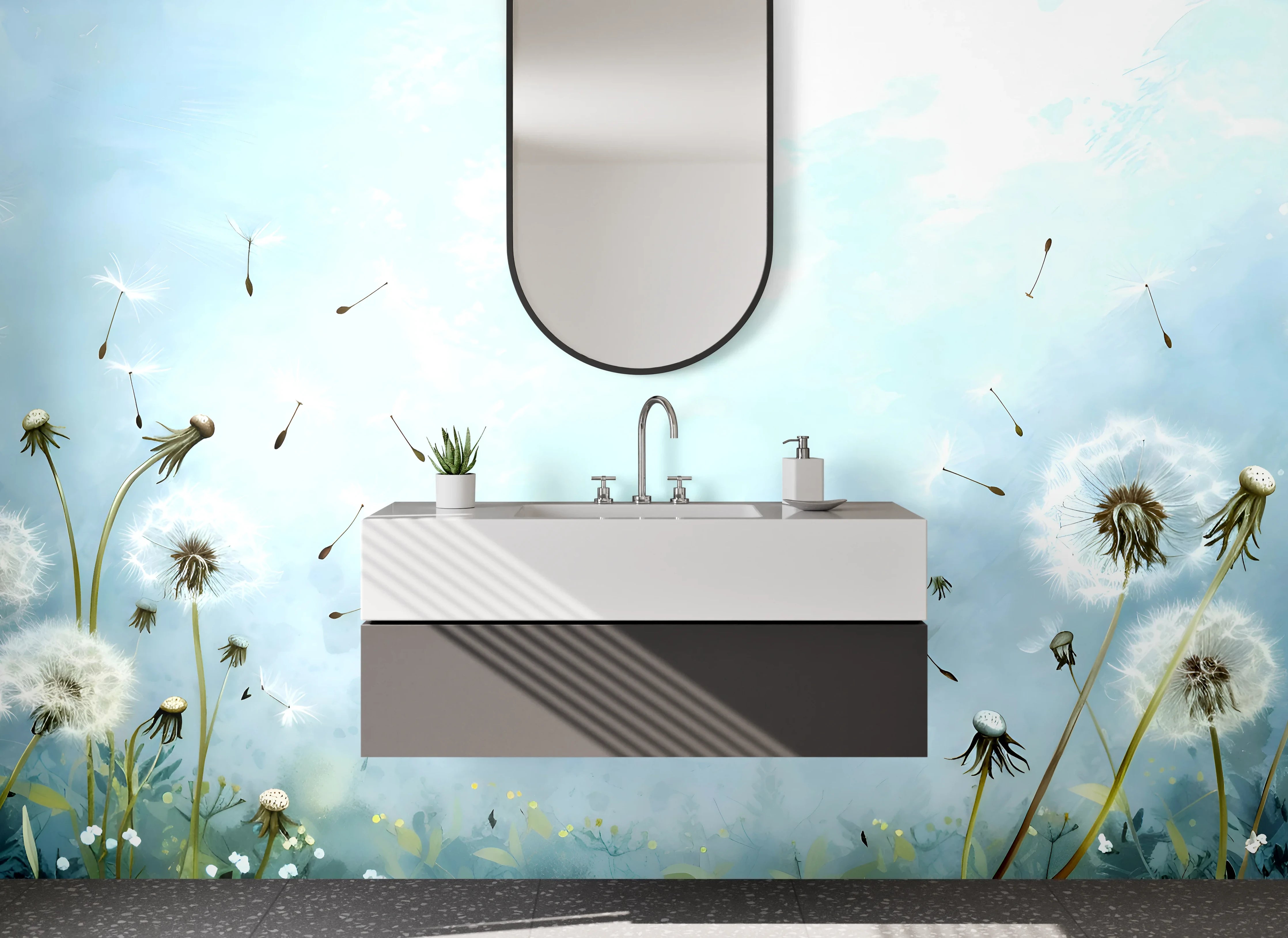 Waschbecken-Rückwand - Aquarell Pusteblumen Himmelblau