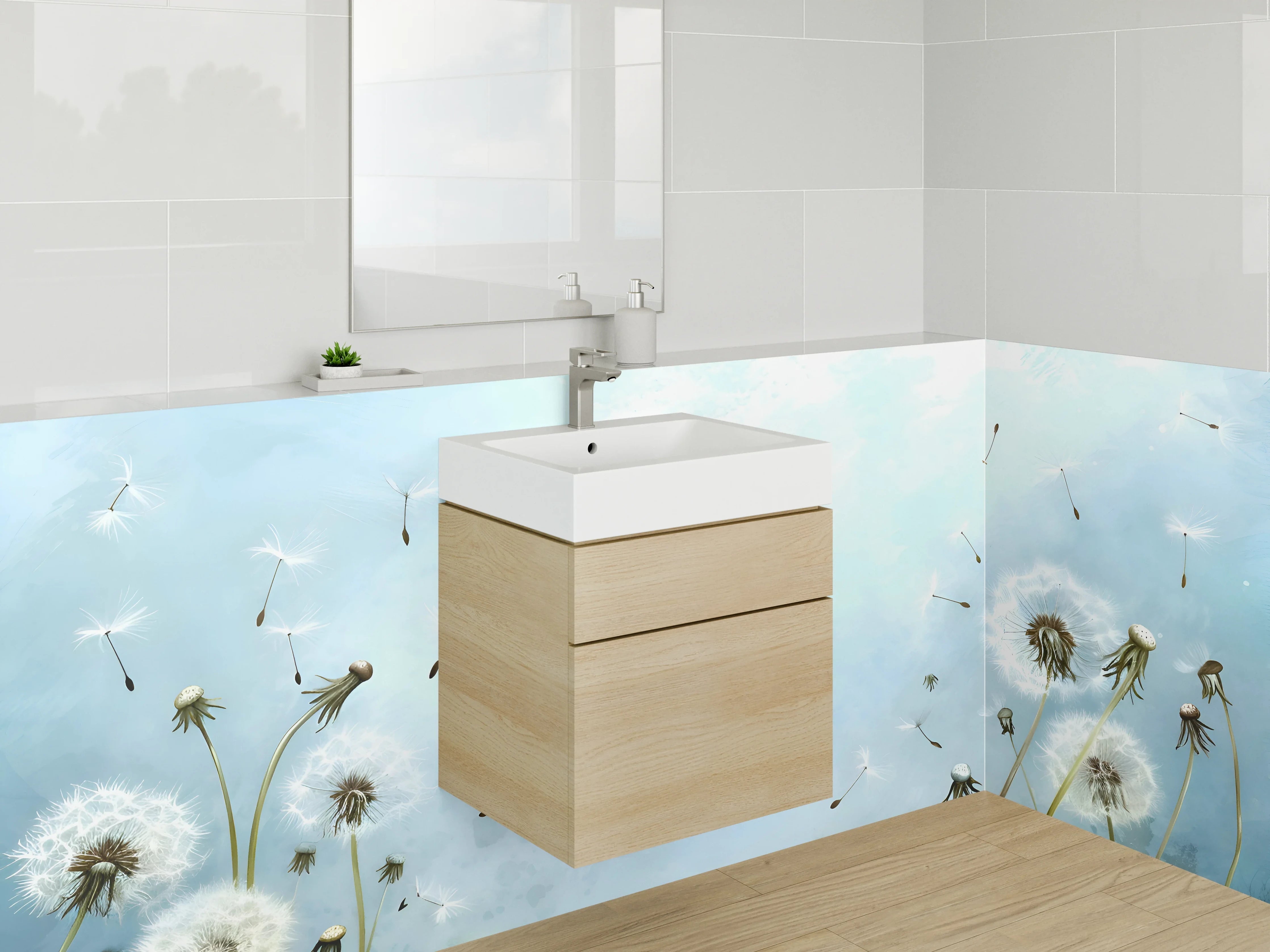 Waschbecken-Rückwand - Aquarell Pusteblumen Himmelblau