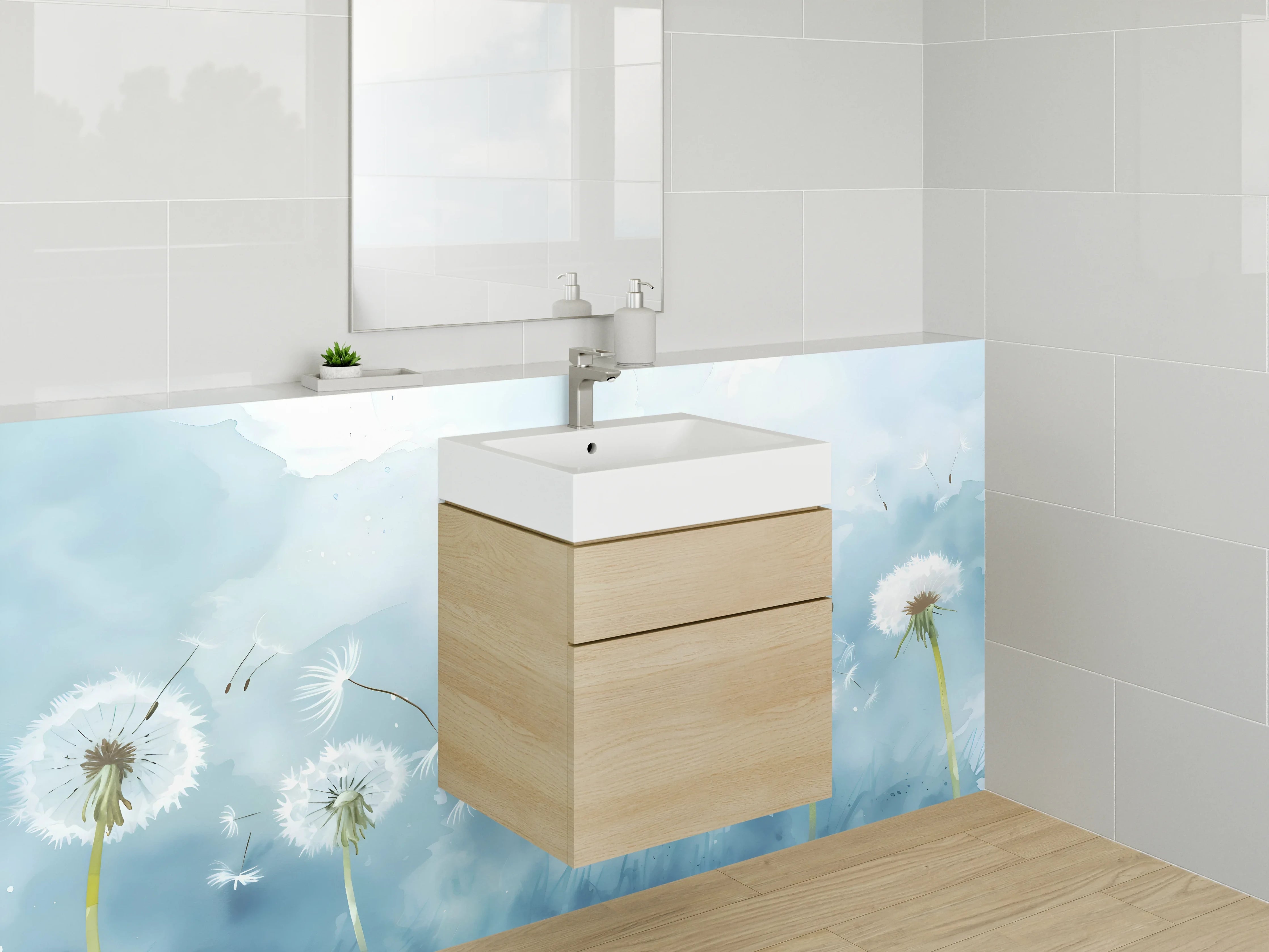 Waschbecken-Rückwand - Aquarell Pusteblumen auf Himmelblau