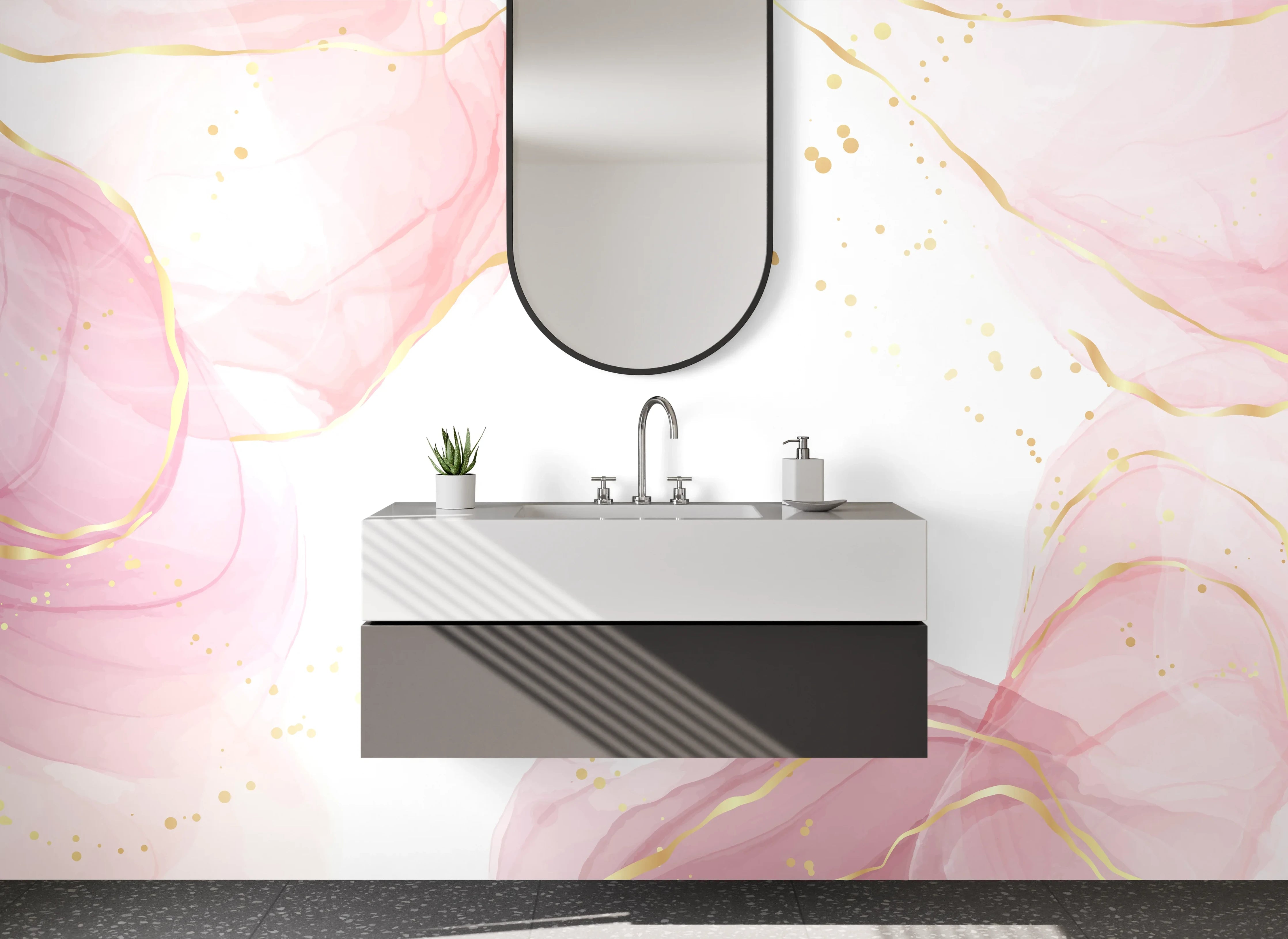 Waschbecken-Rückwand - Aquarell Rosa Gold Abstrakt Marmor