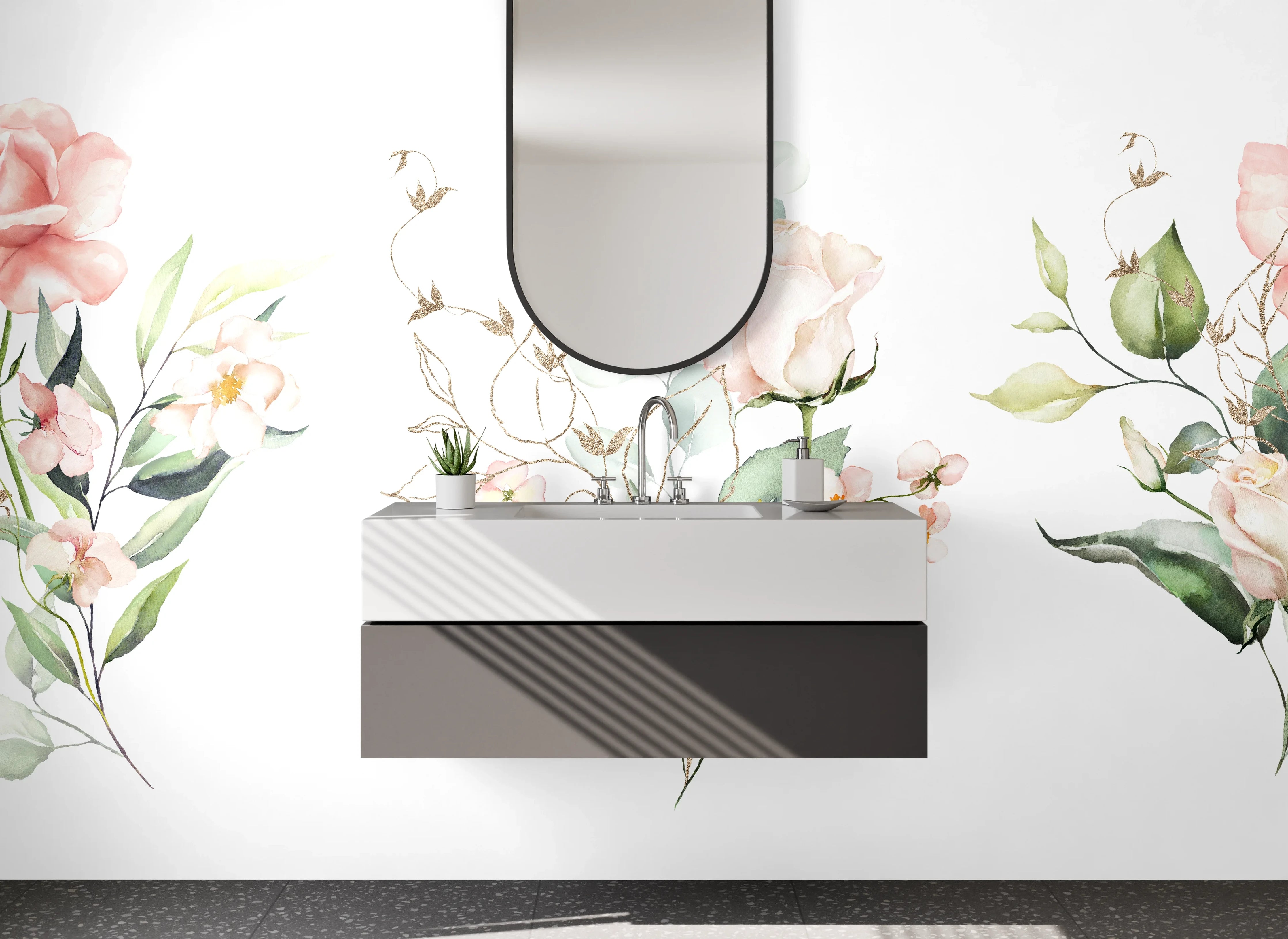 Waschbecken-Rückwand - Aquarell Rosen und Blumen Illustration