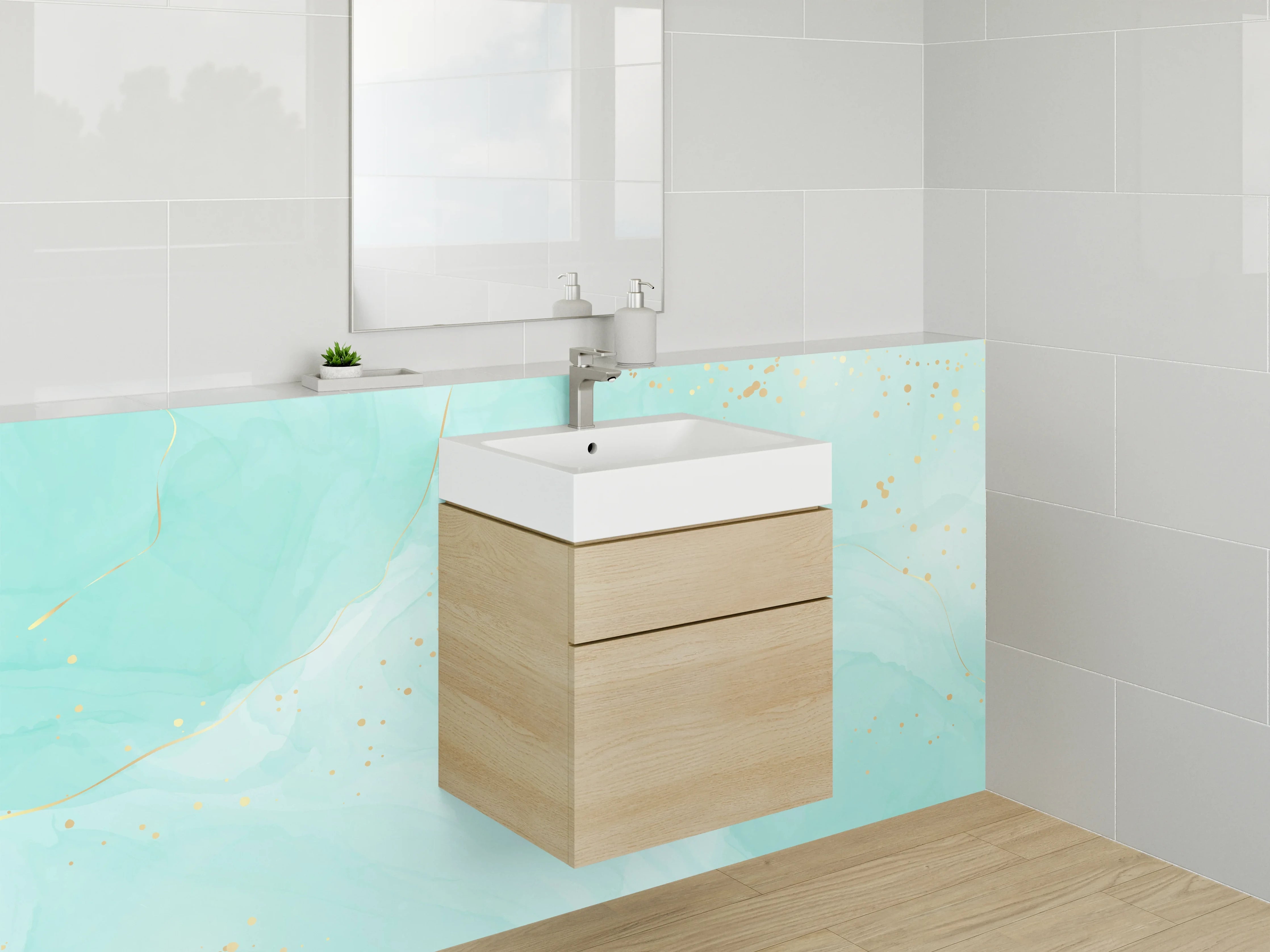 Waschbecken-Rückwand - Aquarell Türkis Gold Abstrakt Design