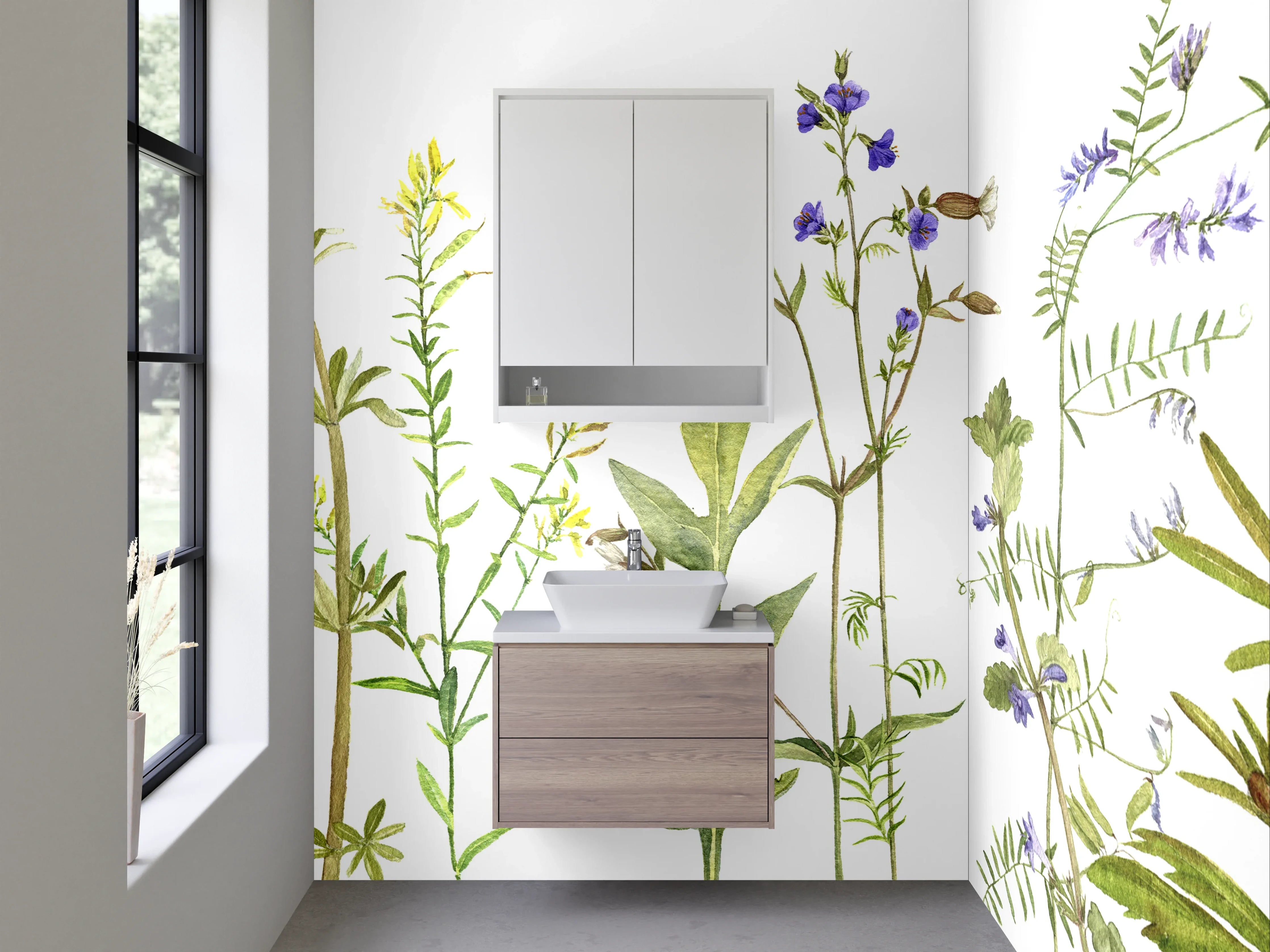 Waschbecken-Rückwand - Aquarell Wildblumen auf Weiß