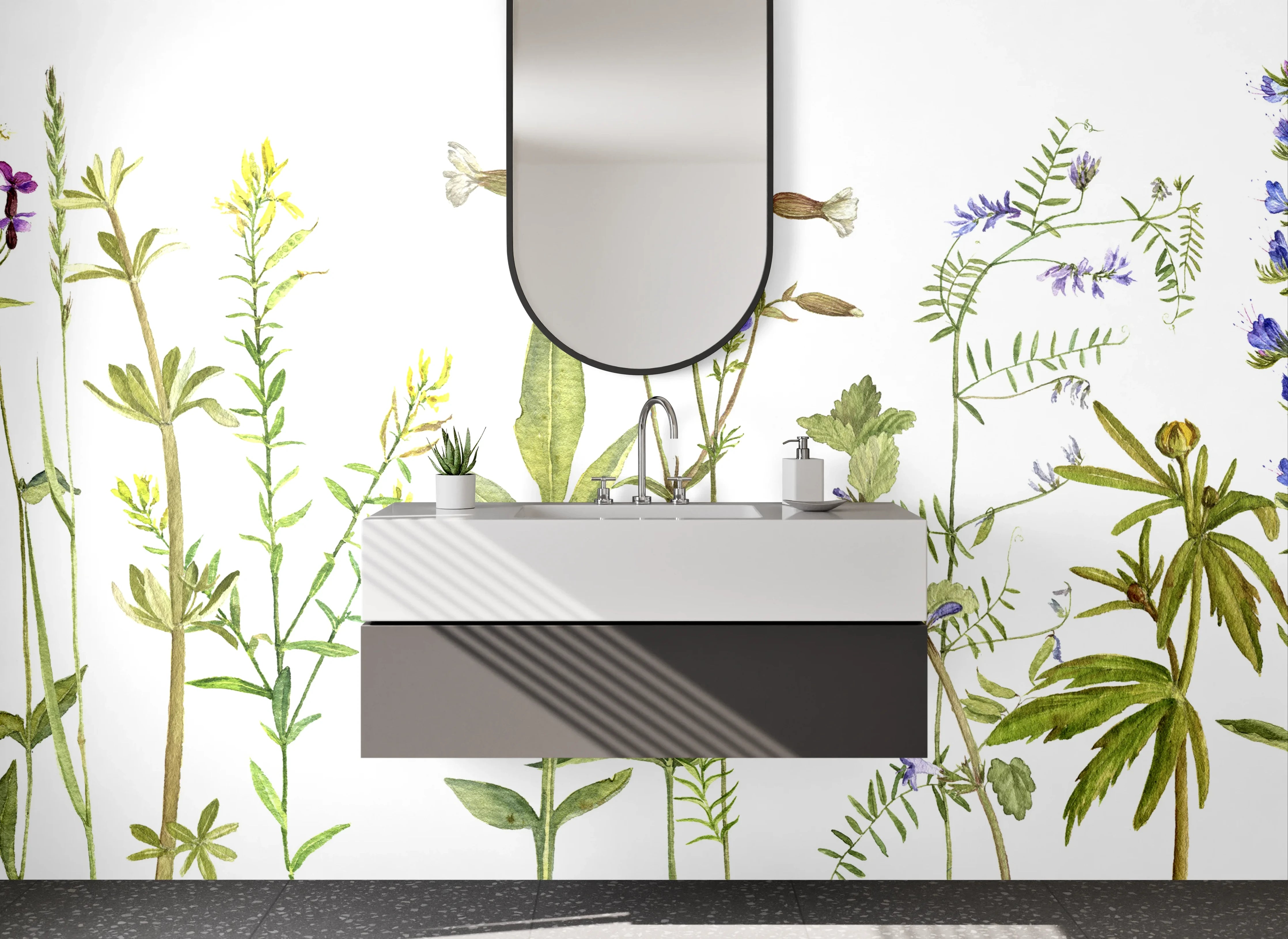 Waschbecken-Rückwand - Aquarell Wildblumen auf Weiß