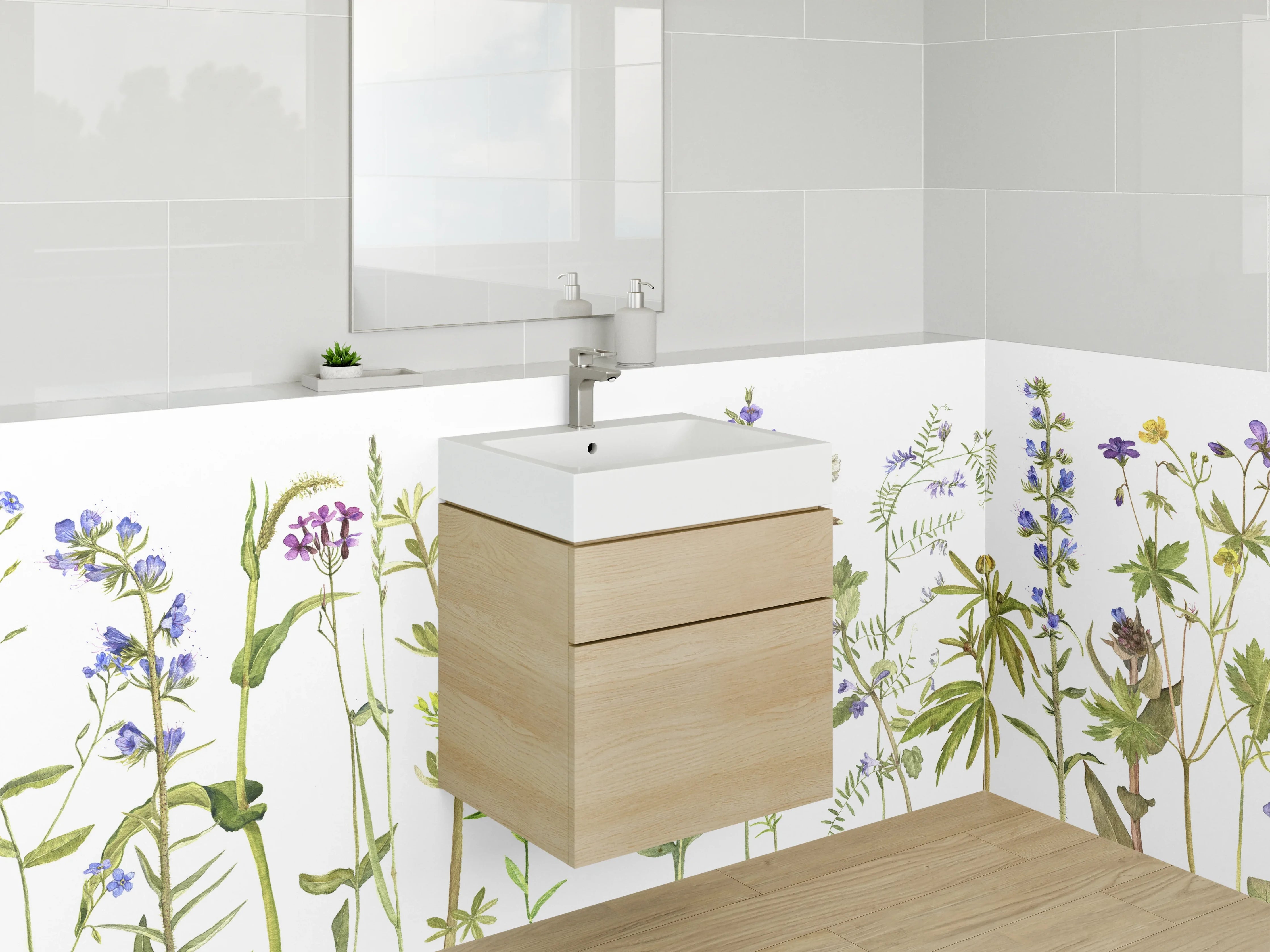 Waschbecken-Rückwand - Aquarell Wildblumen auf Weiß