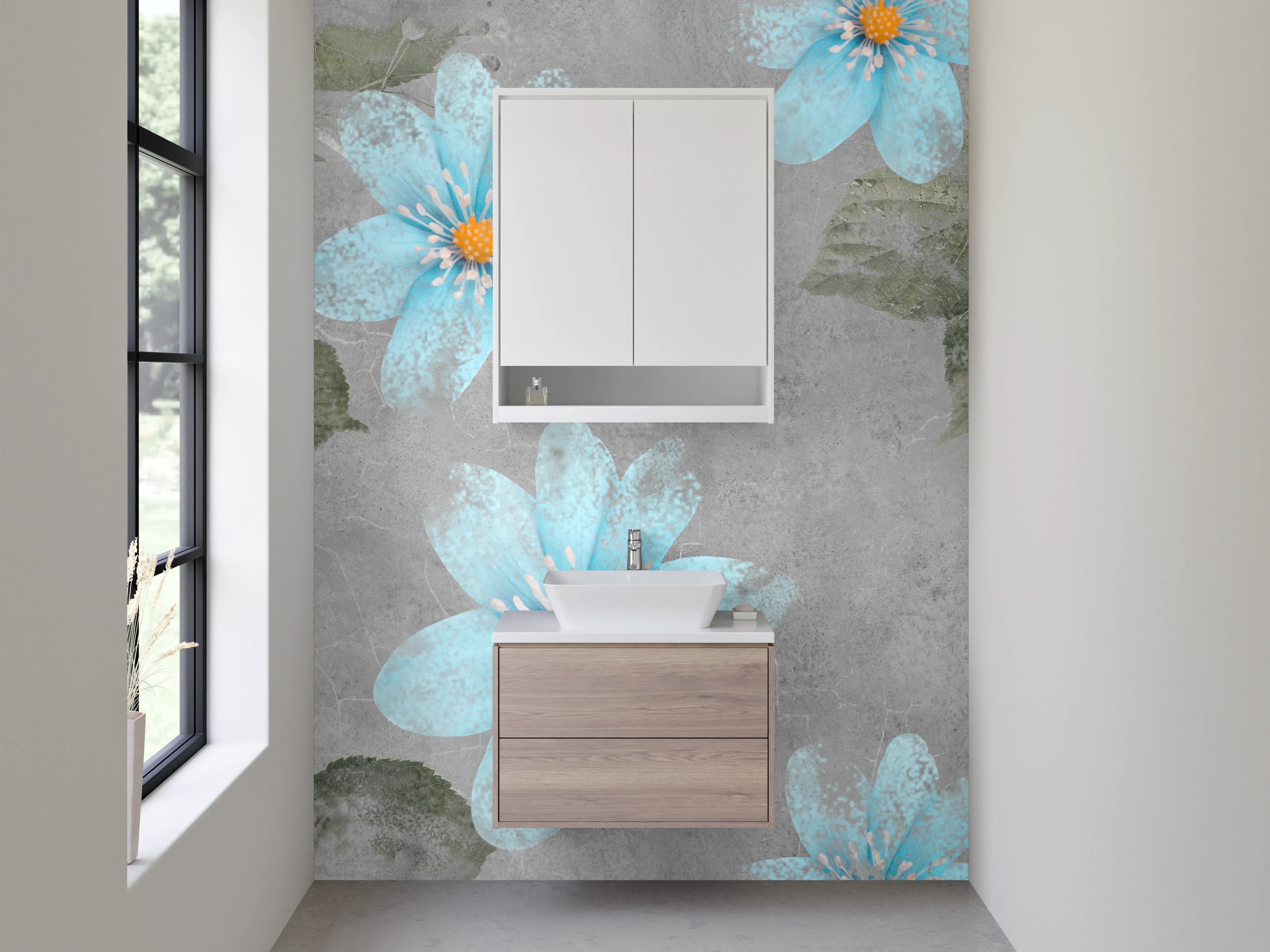 Waschbecken-Rückwand - Aquarell blaue Blumen auf Grau