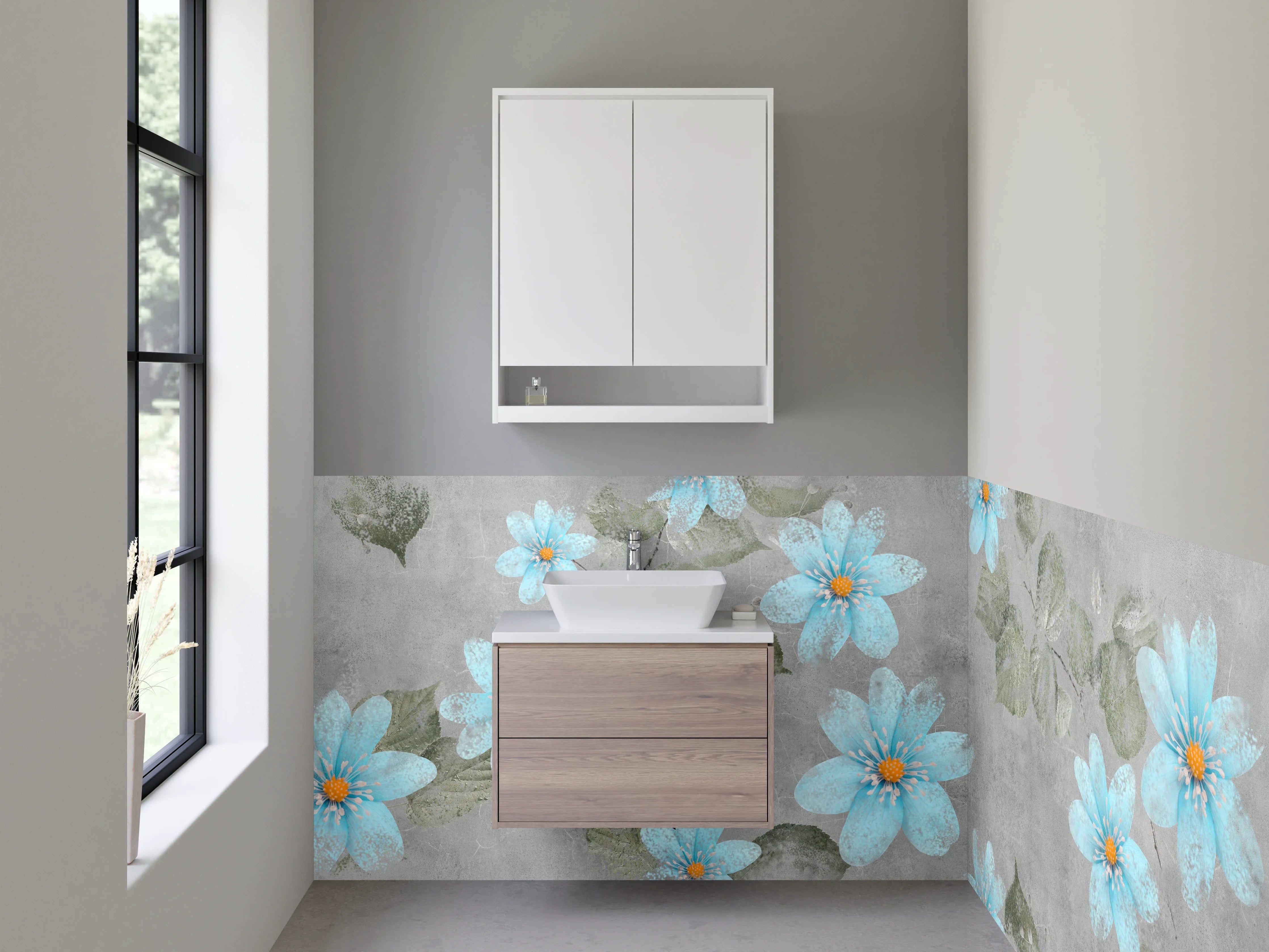 Waschbecken-Rückwand - Aquarell blaue Blumen auf Grau