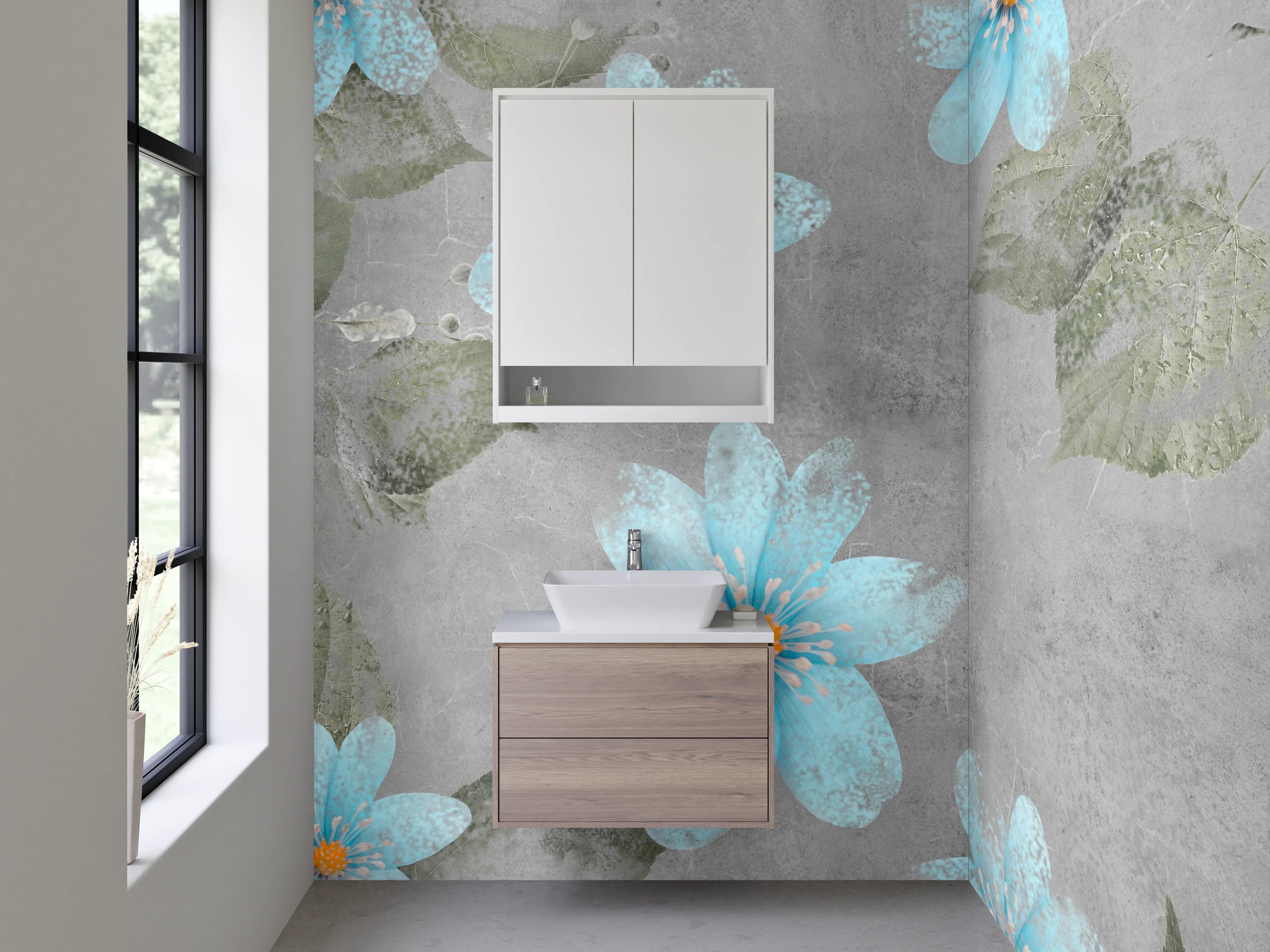Waschbecken-Rückwand - Aquarell blaue Blumen auf Grau