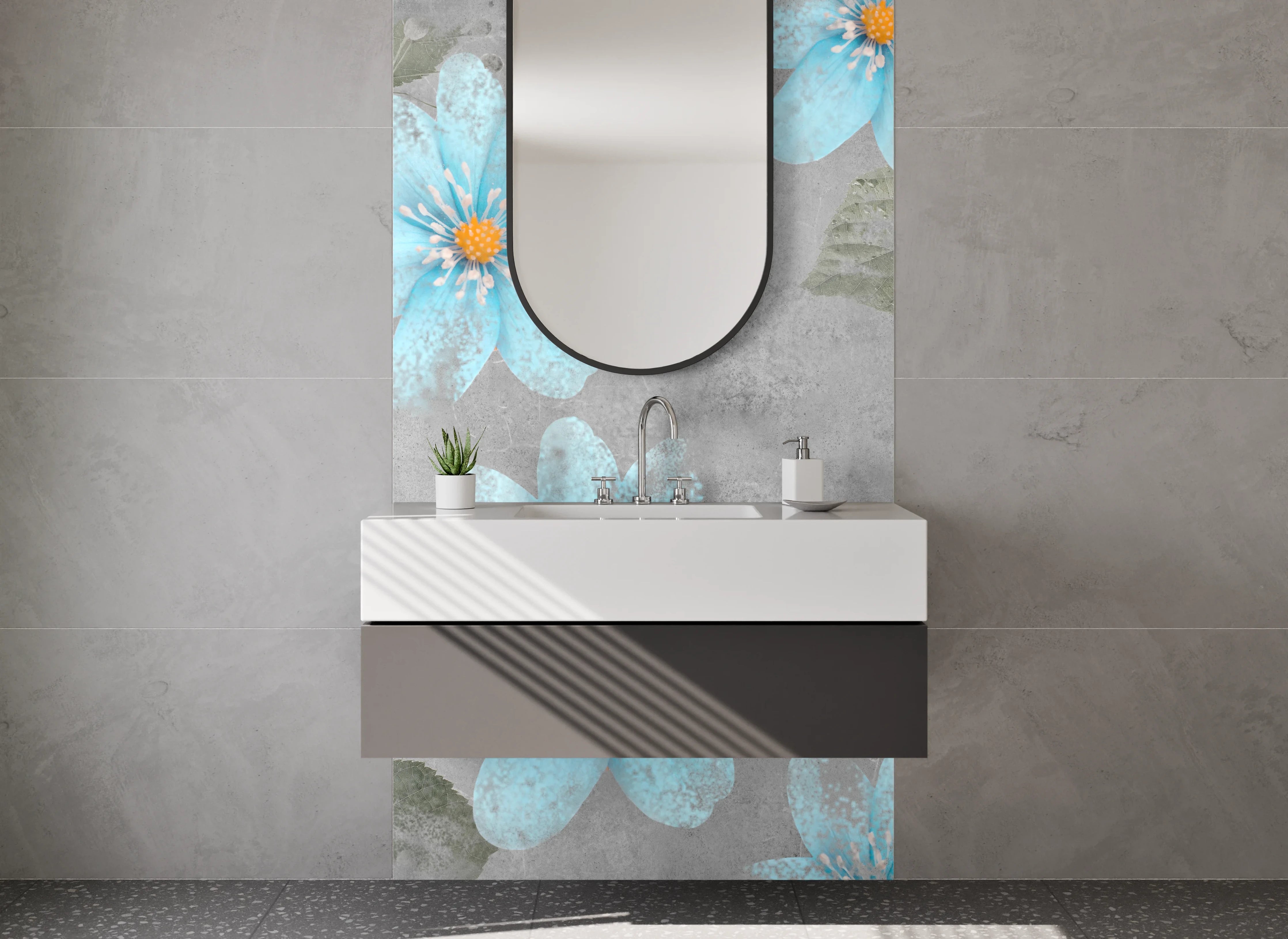 Waschbecken-Rückwand - Aquarell blaue Blumen auf Grau