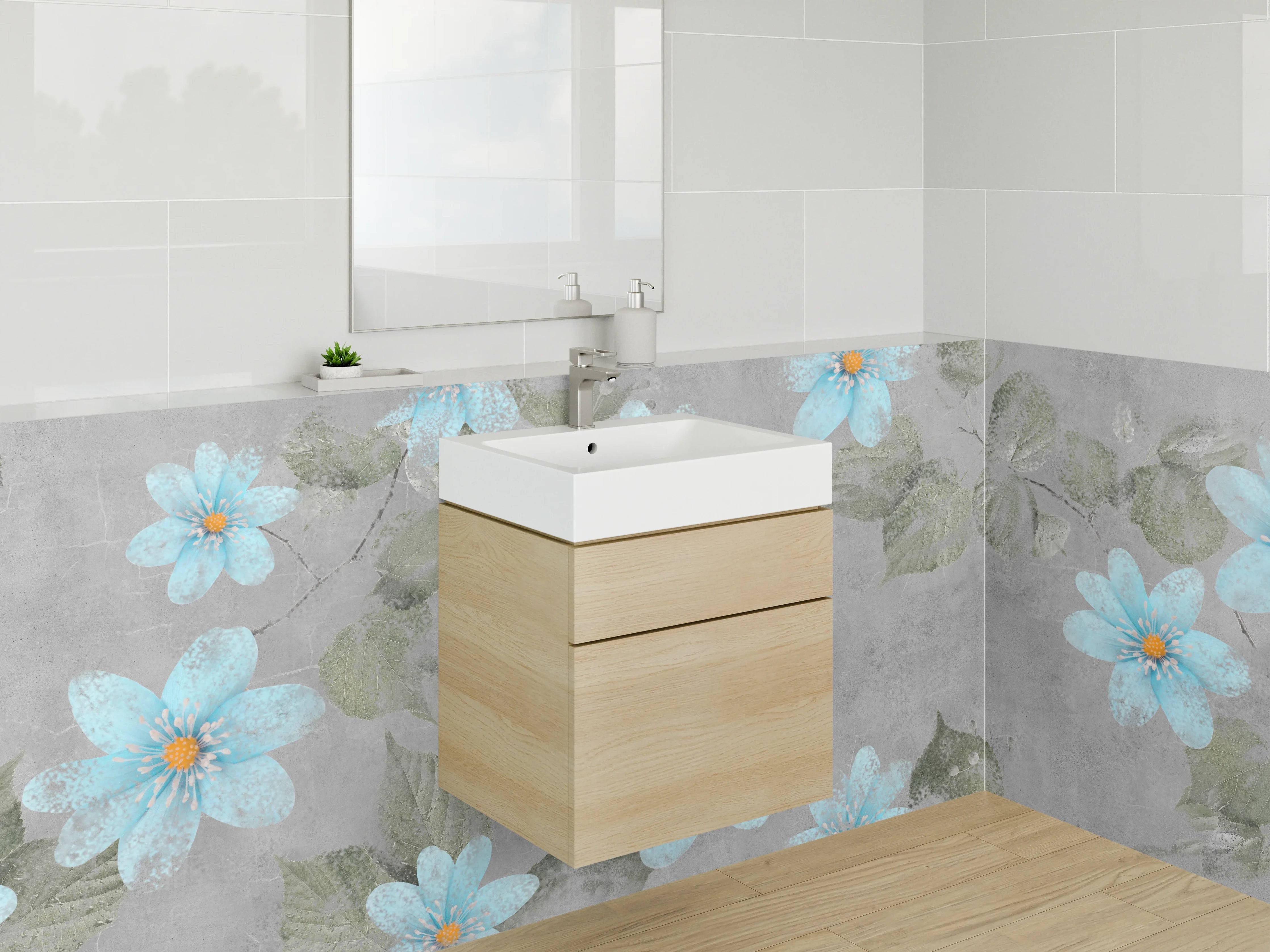 Waschbecken-Rückwand - Aquarell blaue Blumen auf Grau