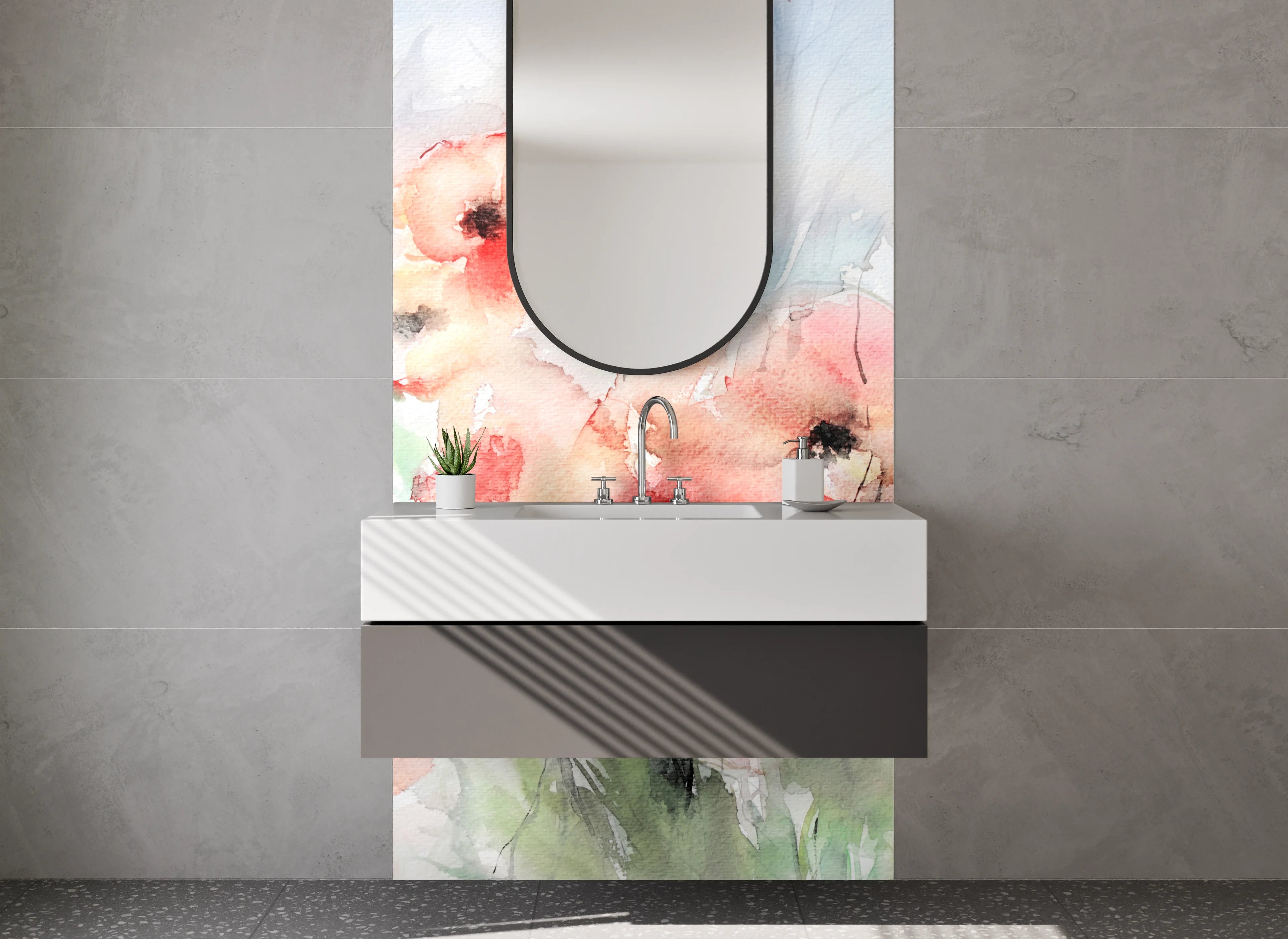 Waschbecken-Rückwand - Aquarellartige Blumenmalerei in zarten Farbtönen