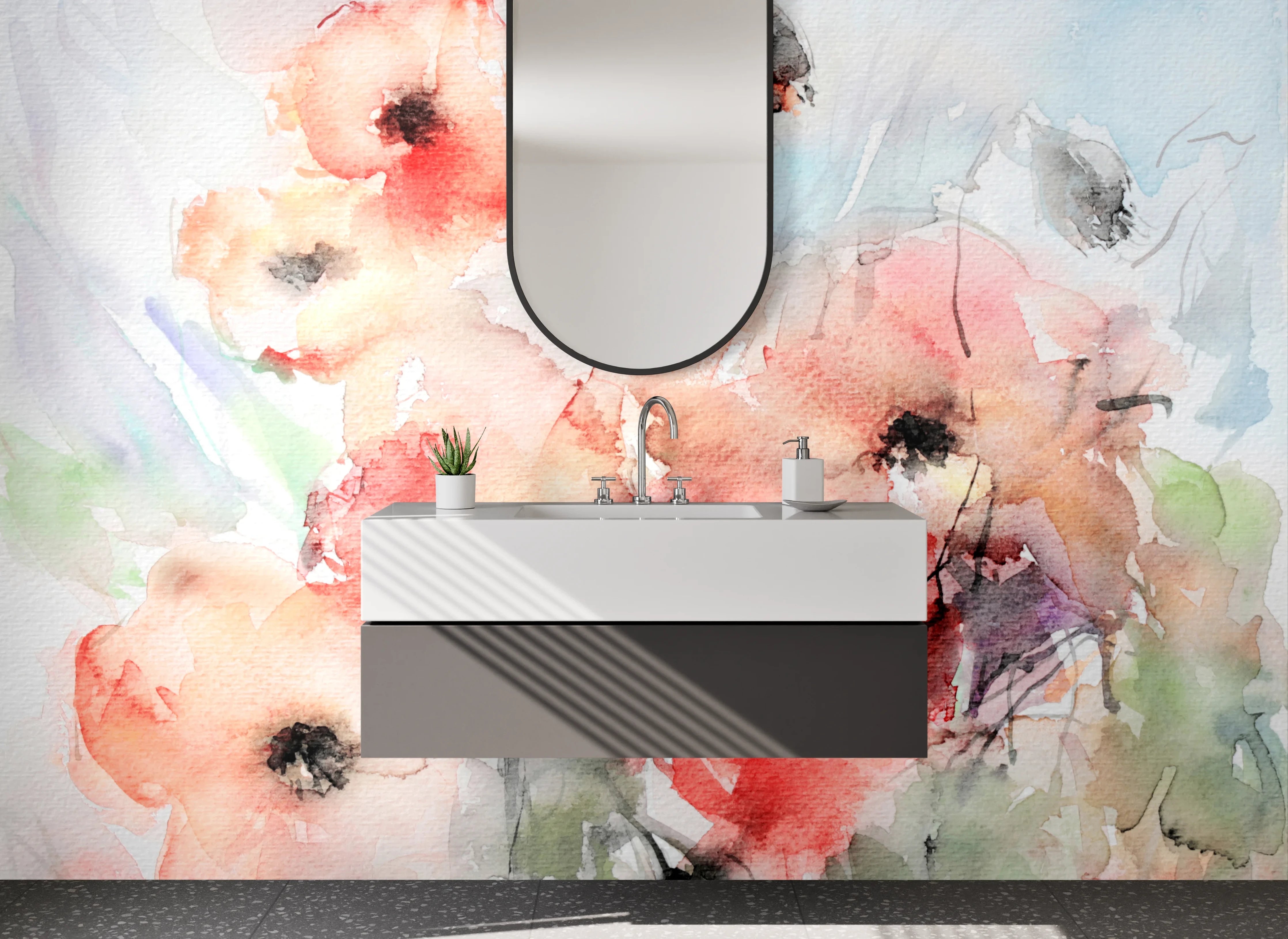 Waschbecken-Rückwand - Aquarellartige Blumenmalerei in zarten Farbtönen