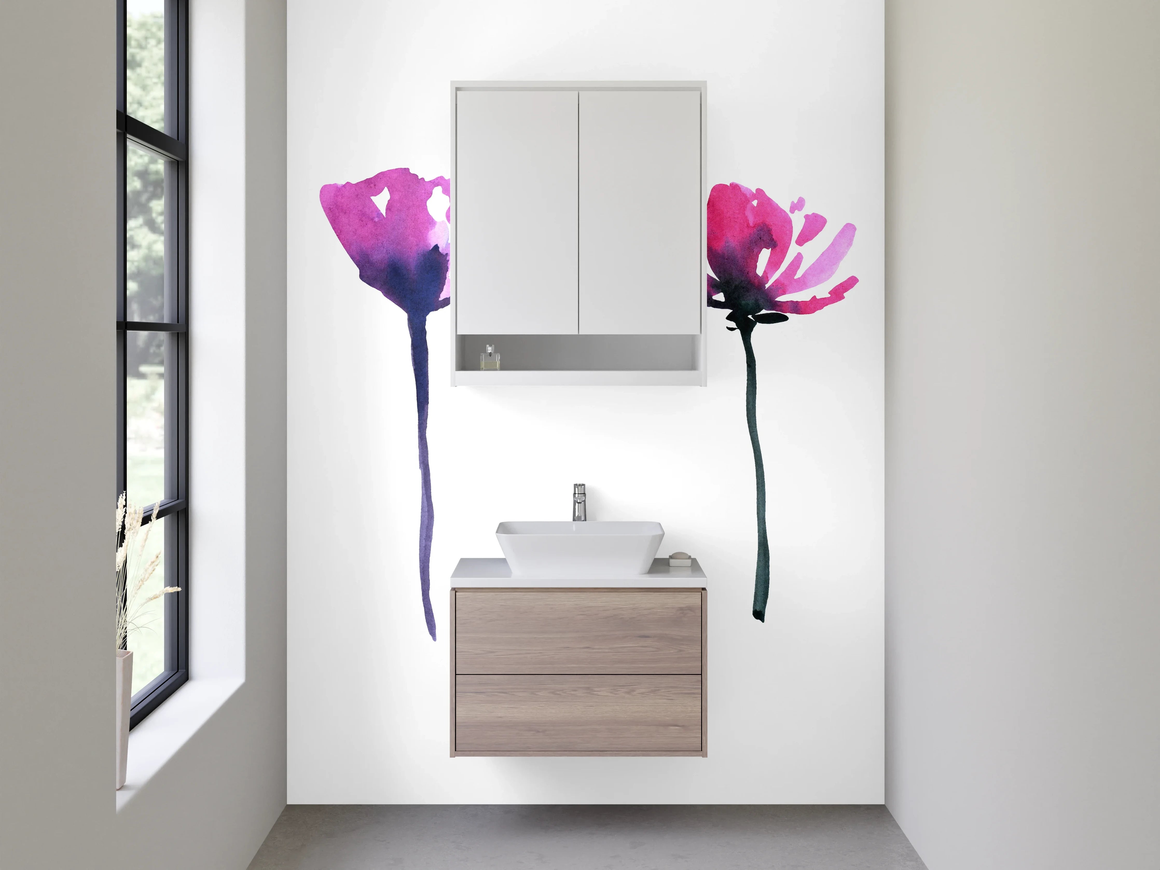 Waschbecken-Rückwand - Aquarellblumen Minimalistisch Weiß Pink