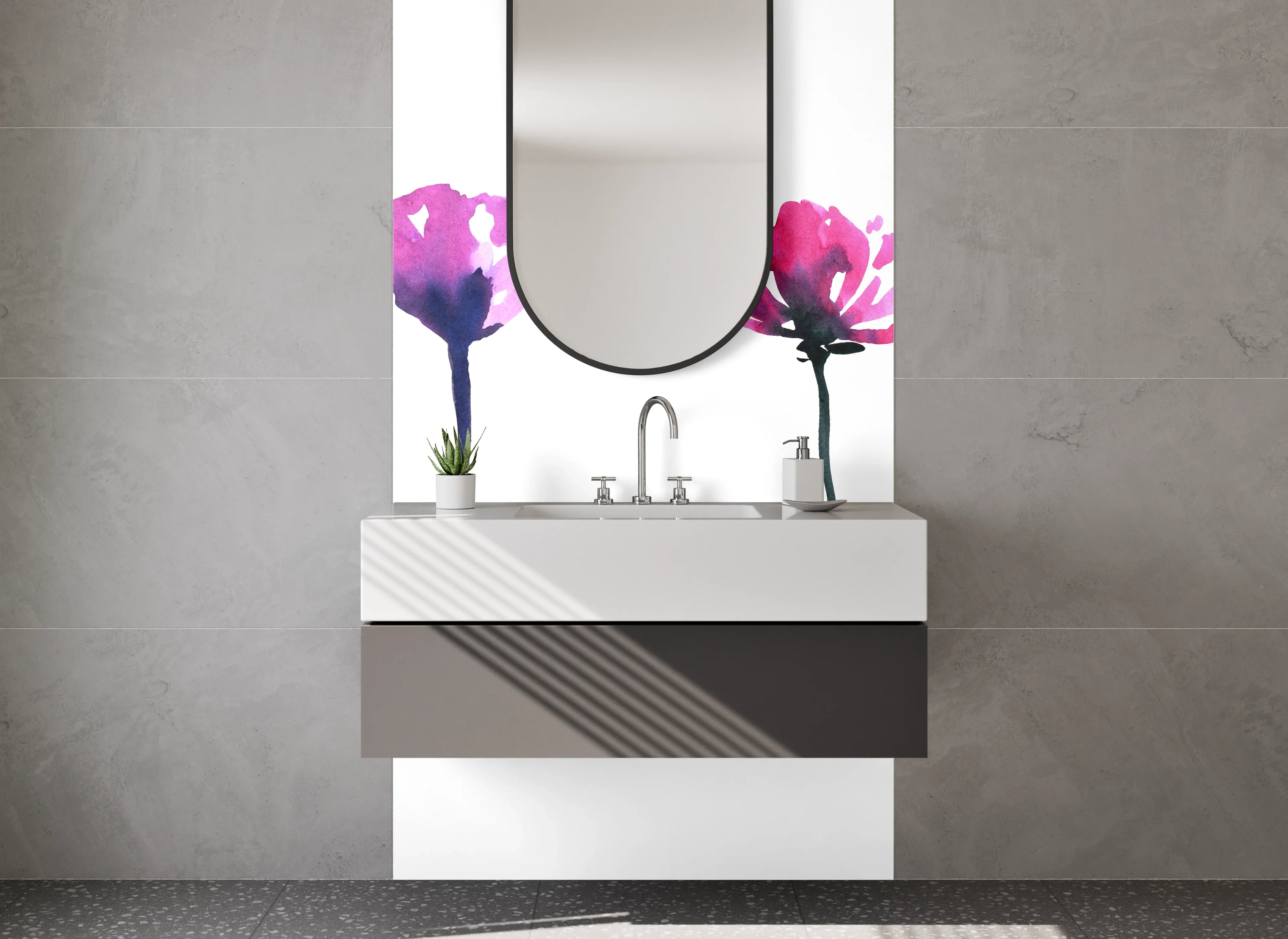 Waschbecken-Rückwand - Aquarellblumen Minimalistisch Weiß Pink