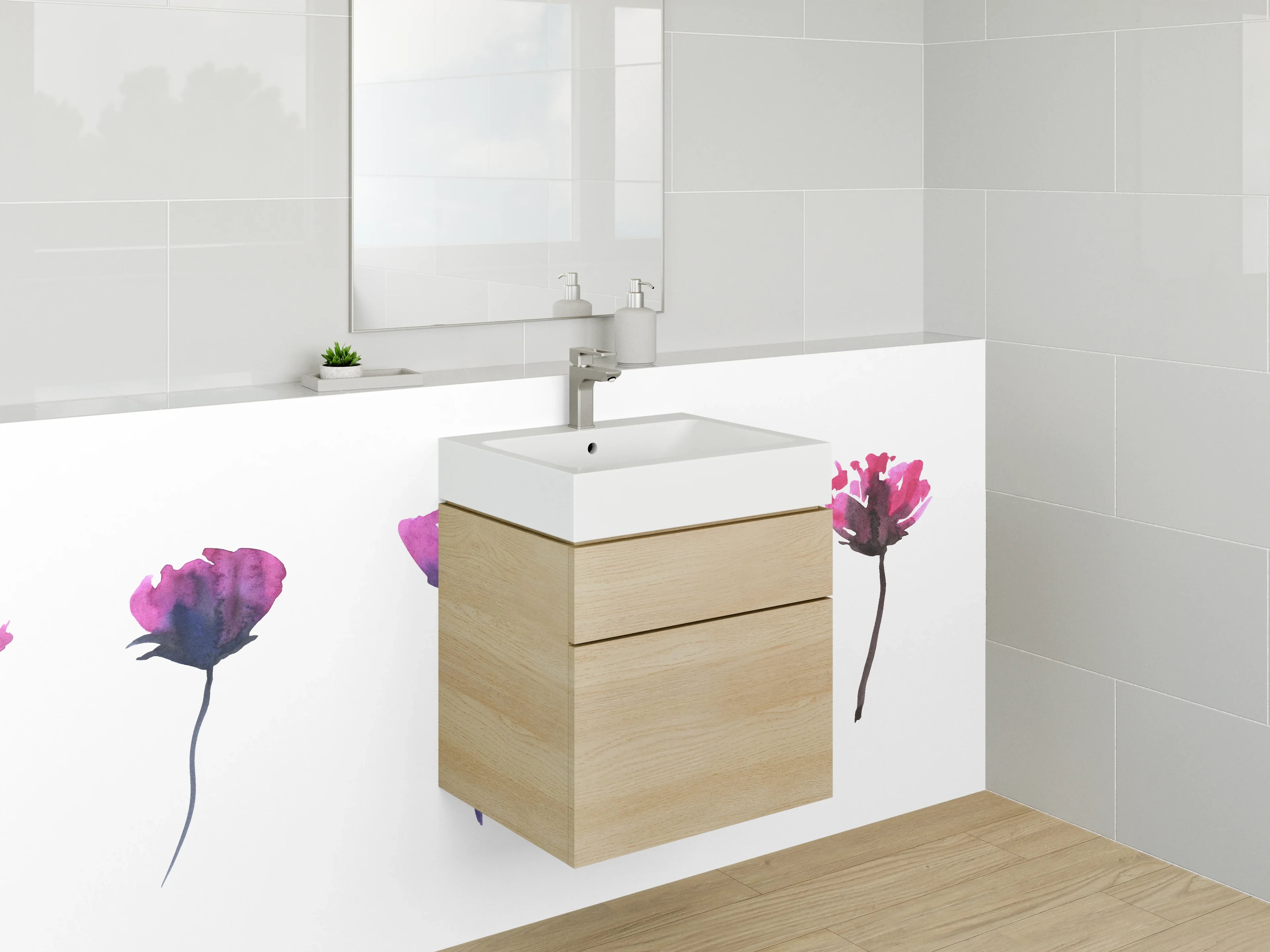 Waschbecken-Rückwand - Aquarellblumen Minimalistisch Weiß Pink