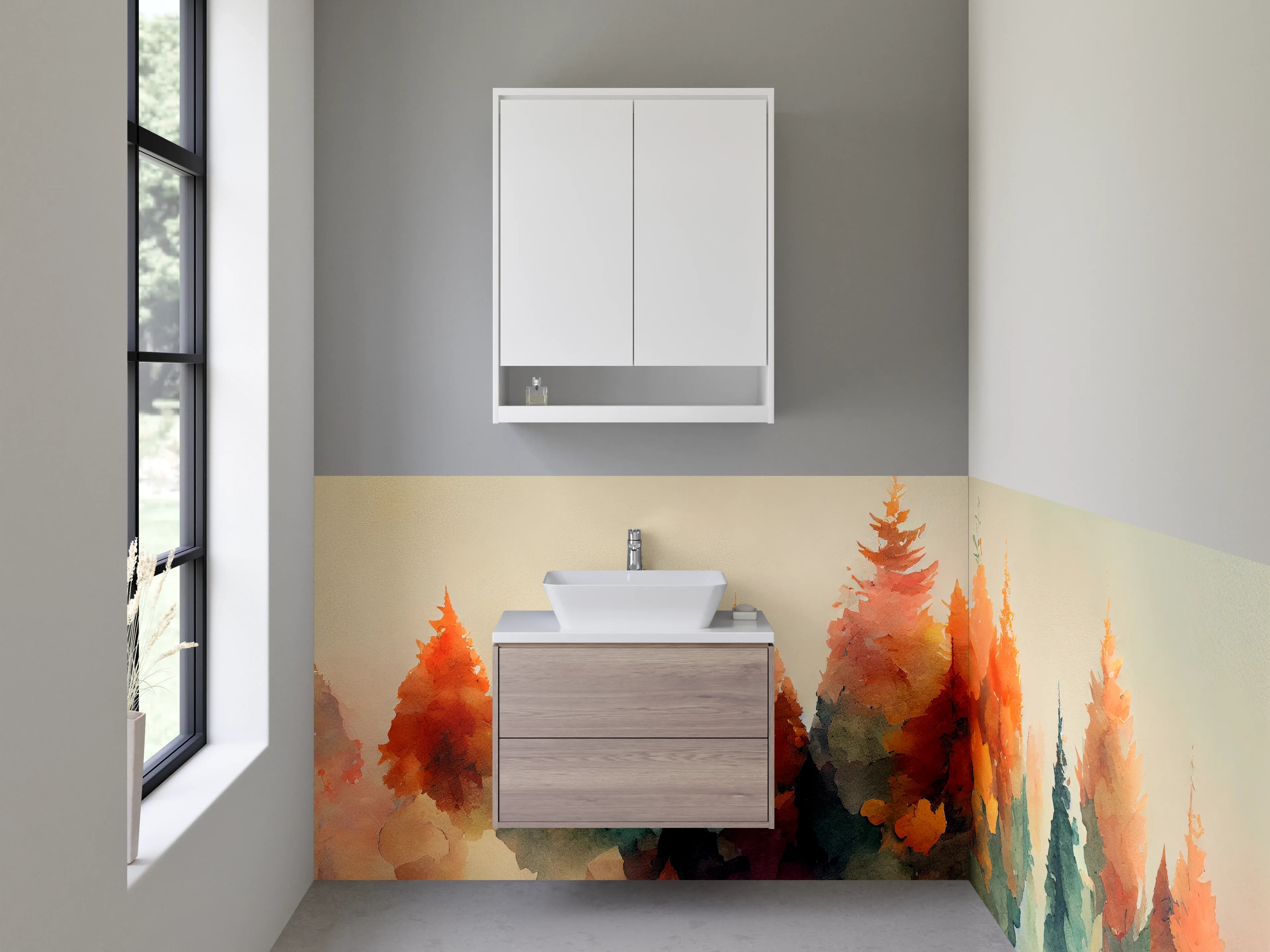 Waschbecken-Rückwand - Aquarellierte Waldszene in sanften Farben