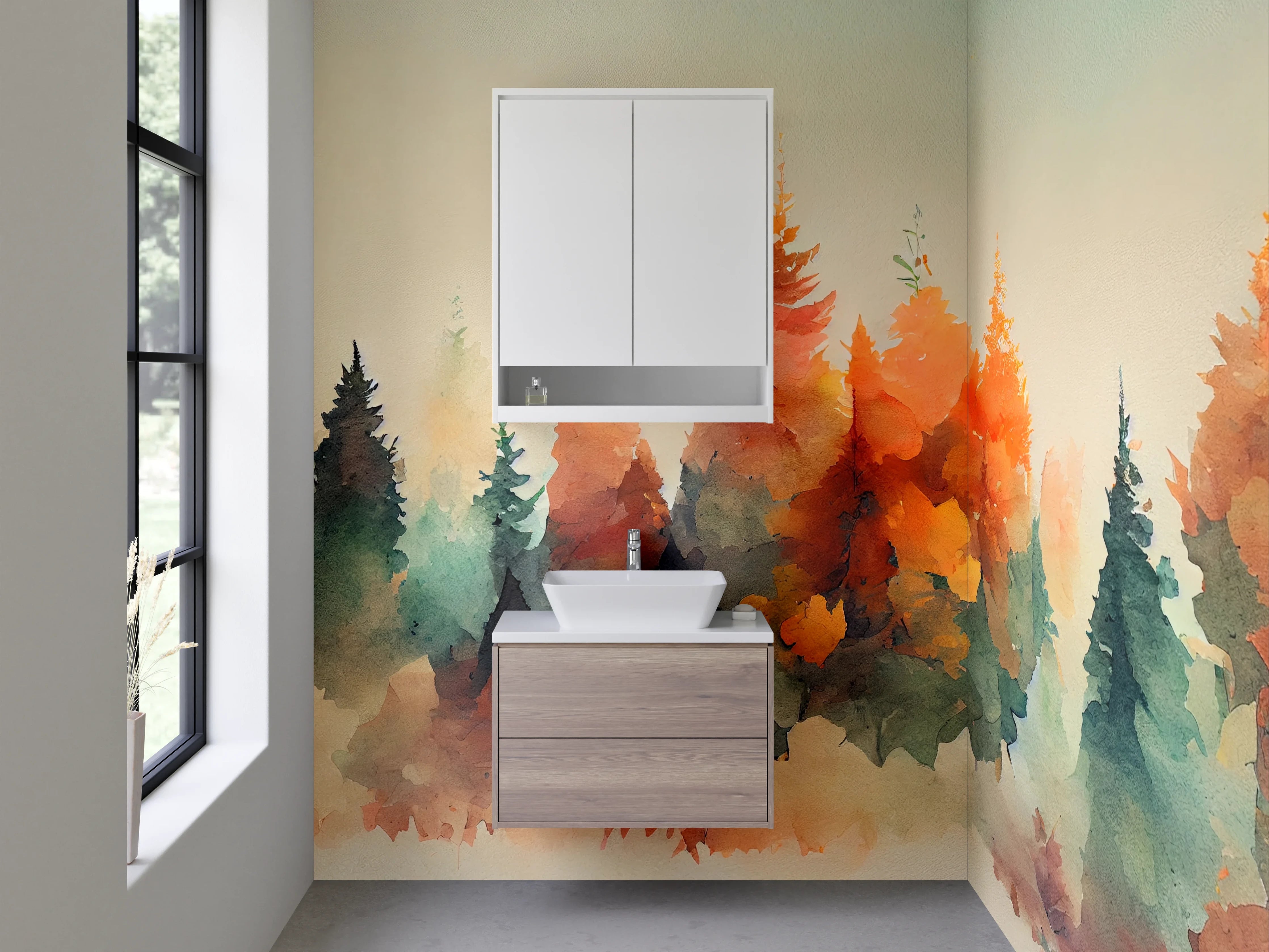 Waschbecken-Rückwand - Aquarellierte Waldszene in sanften Farben