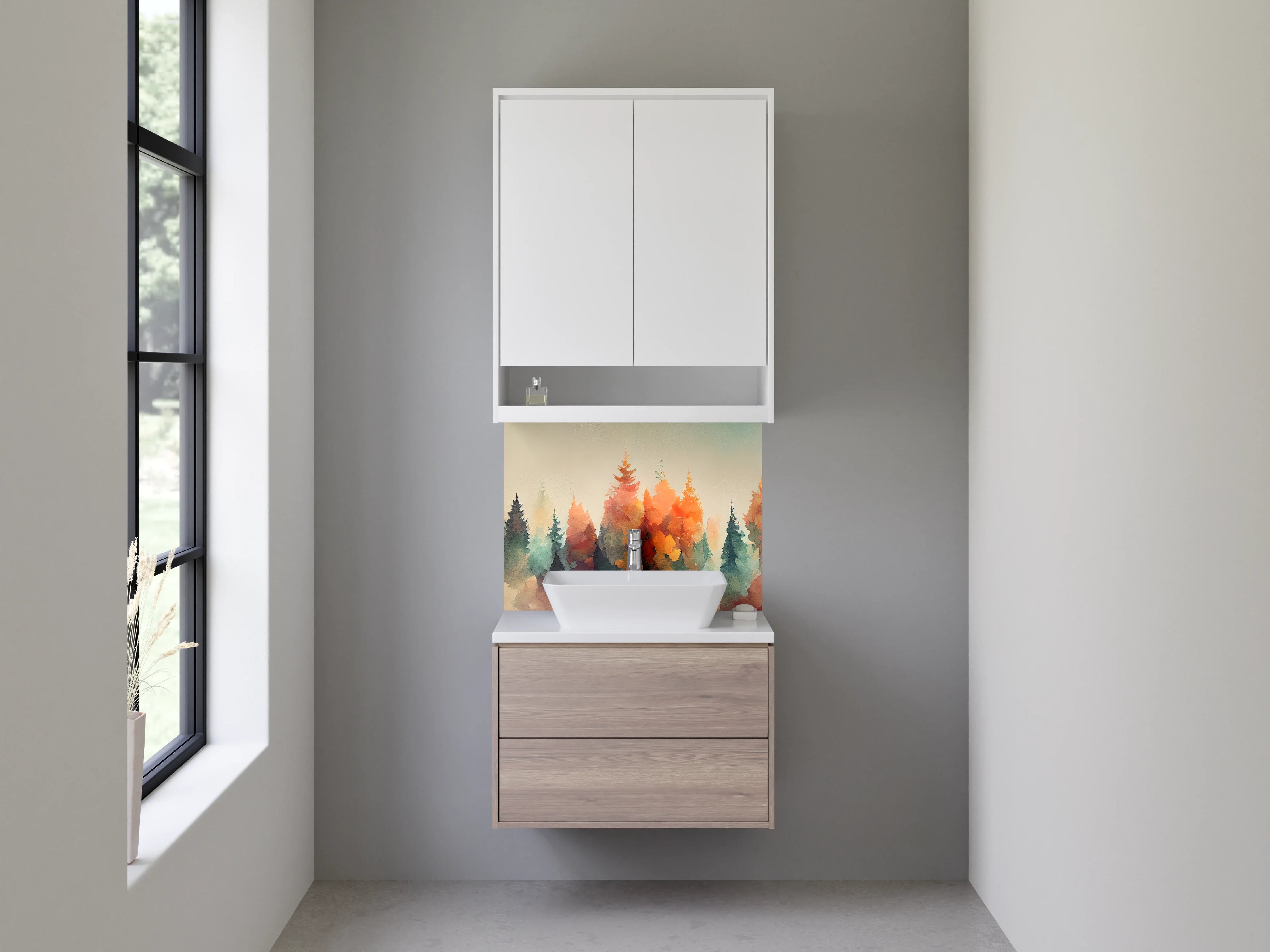 Waschbecken-Rückwand - Aquarellierte Waldszene in sanften Farben