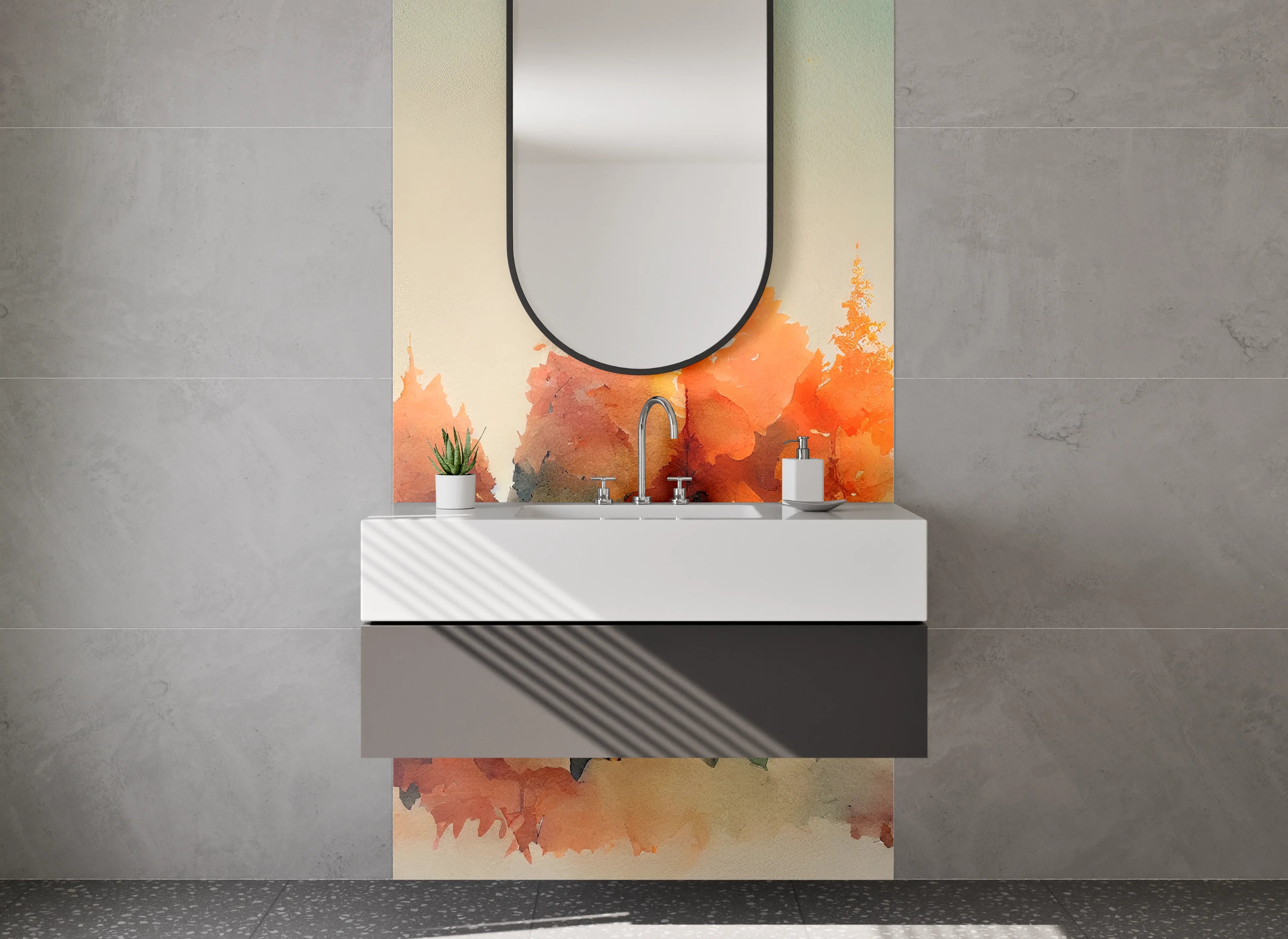 Waschbecken-Rückwand - Aquarellierte Waldszene in sanften Farben