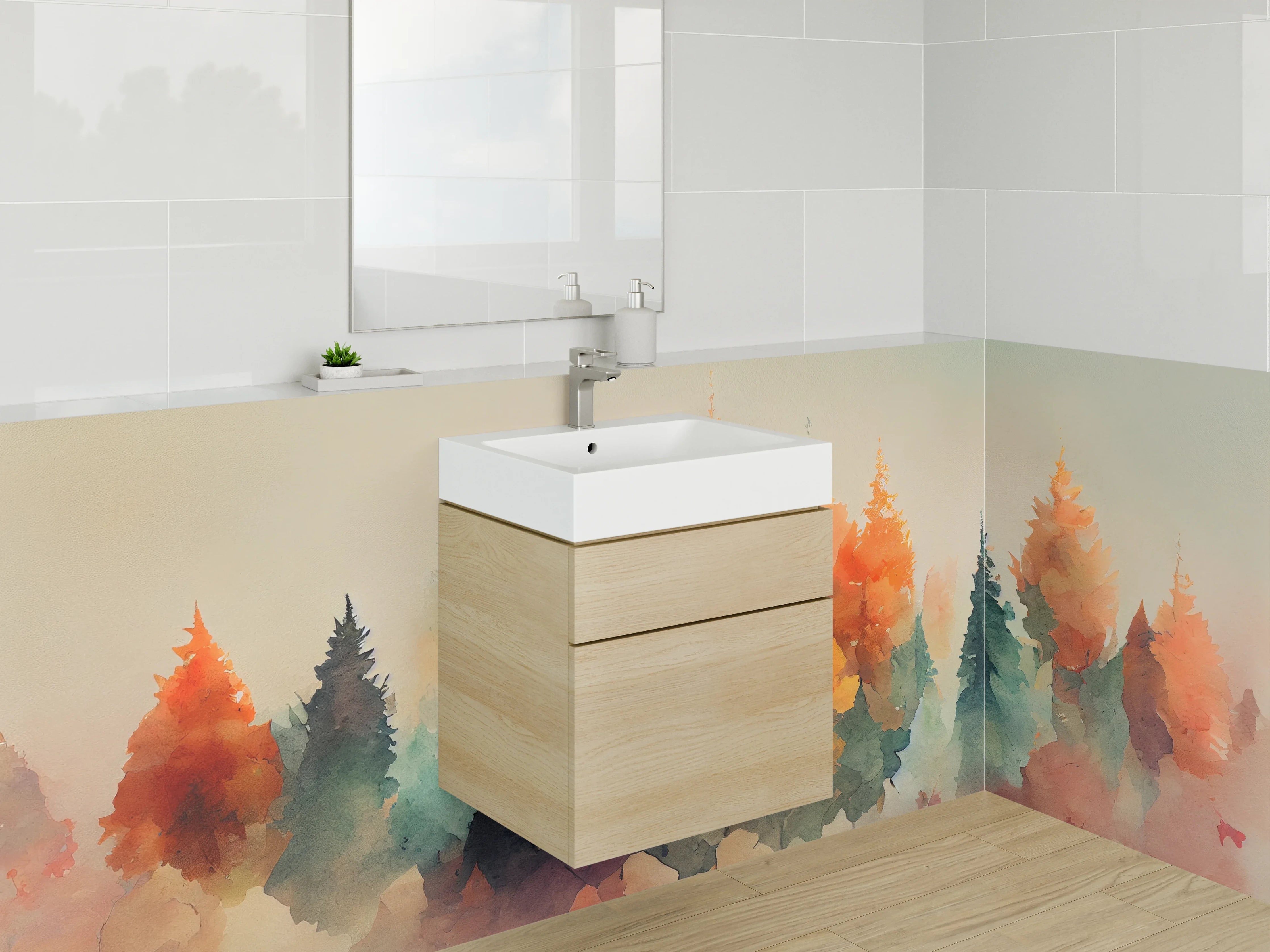 Waschbecken-Rückwand - Aquarellierte Waldszene in sanften Farben