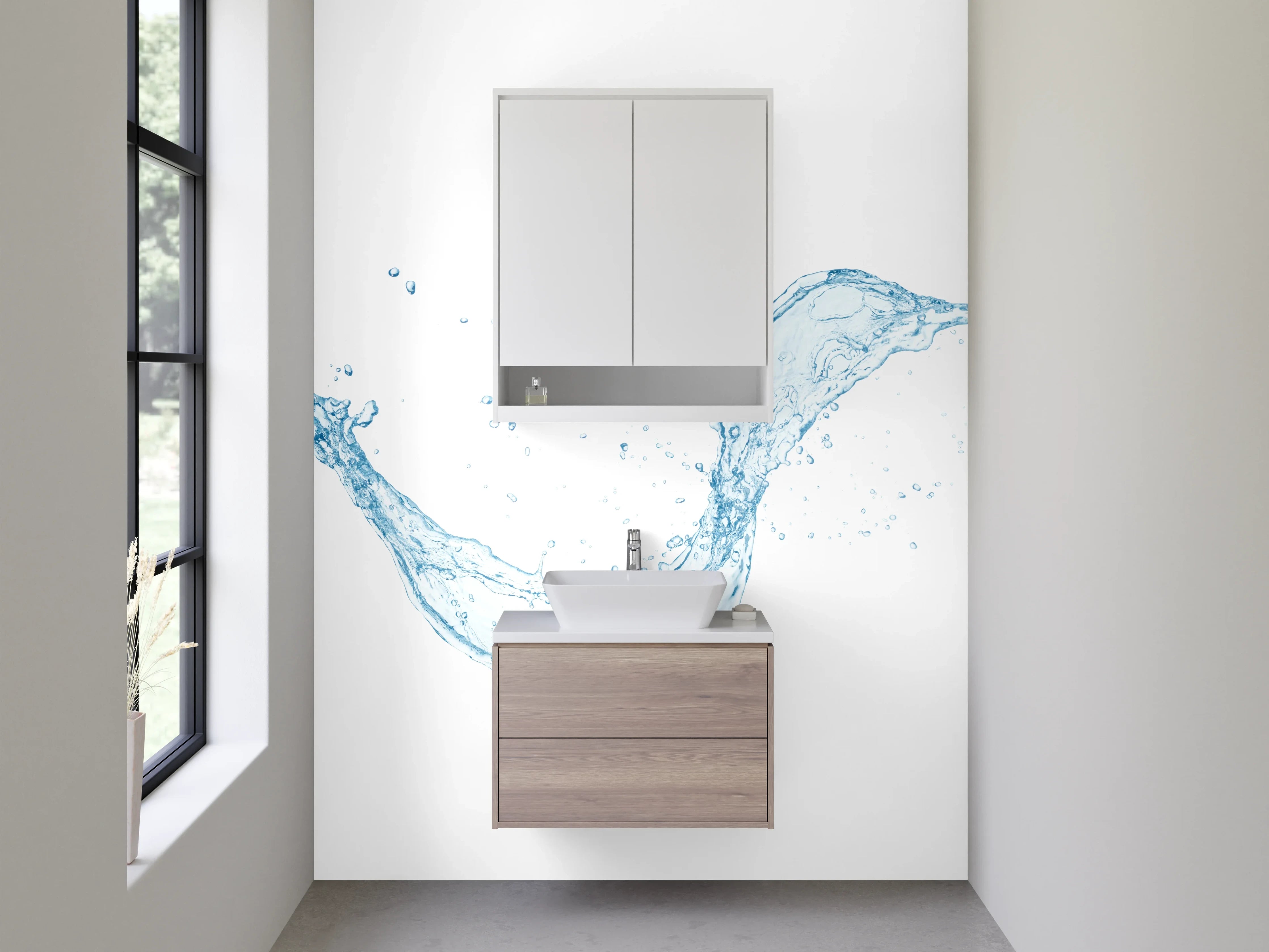 Waschbecken-Rückwand - Aquatischer Spritzer auf Weiß