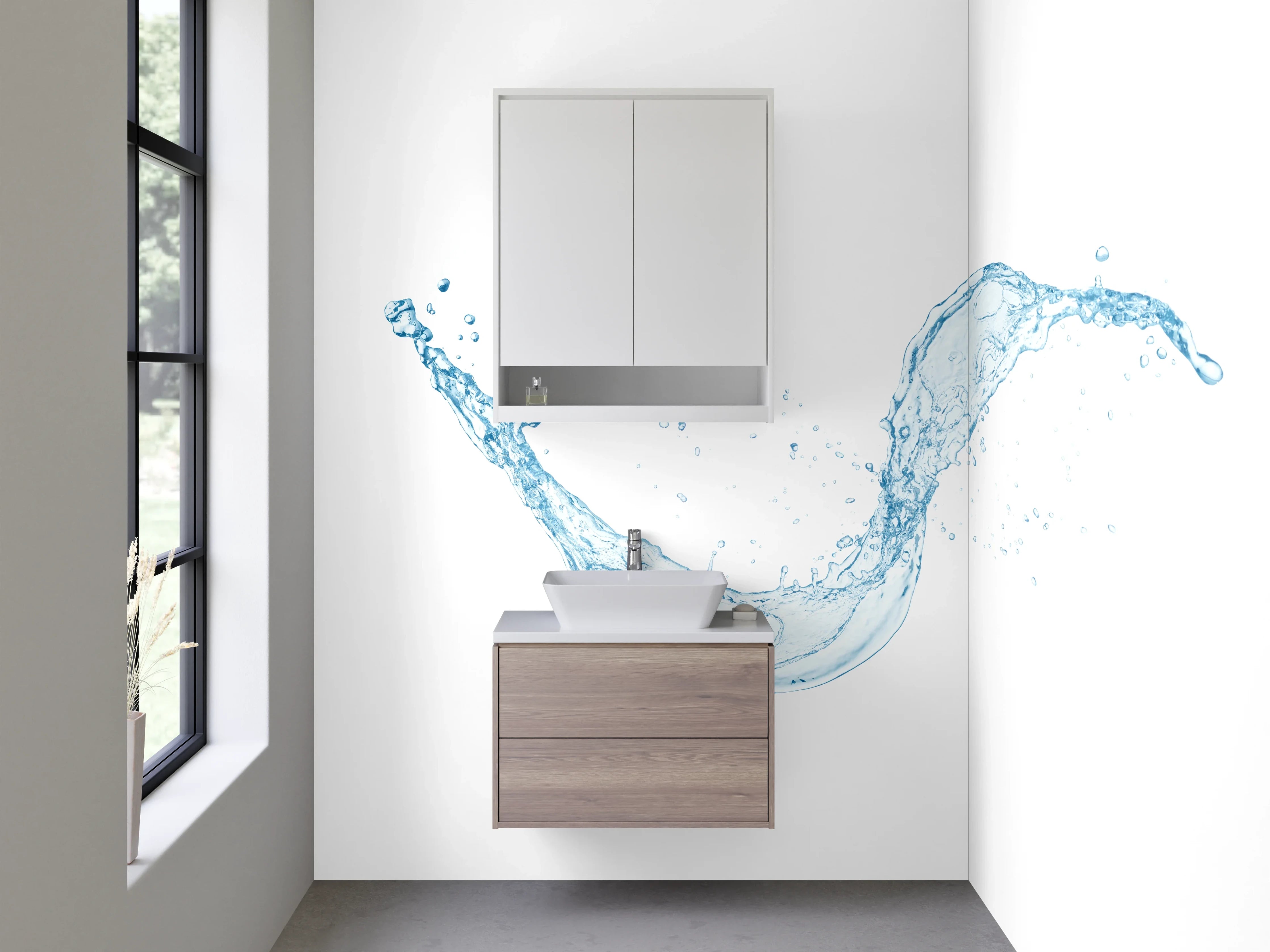 Waschbecken-Rückwand - Aquatischer Spritzer auf Weiß