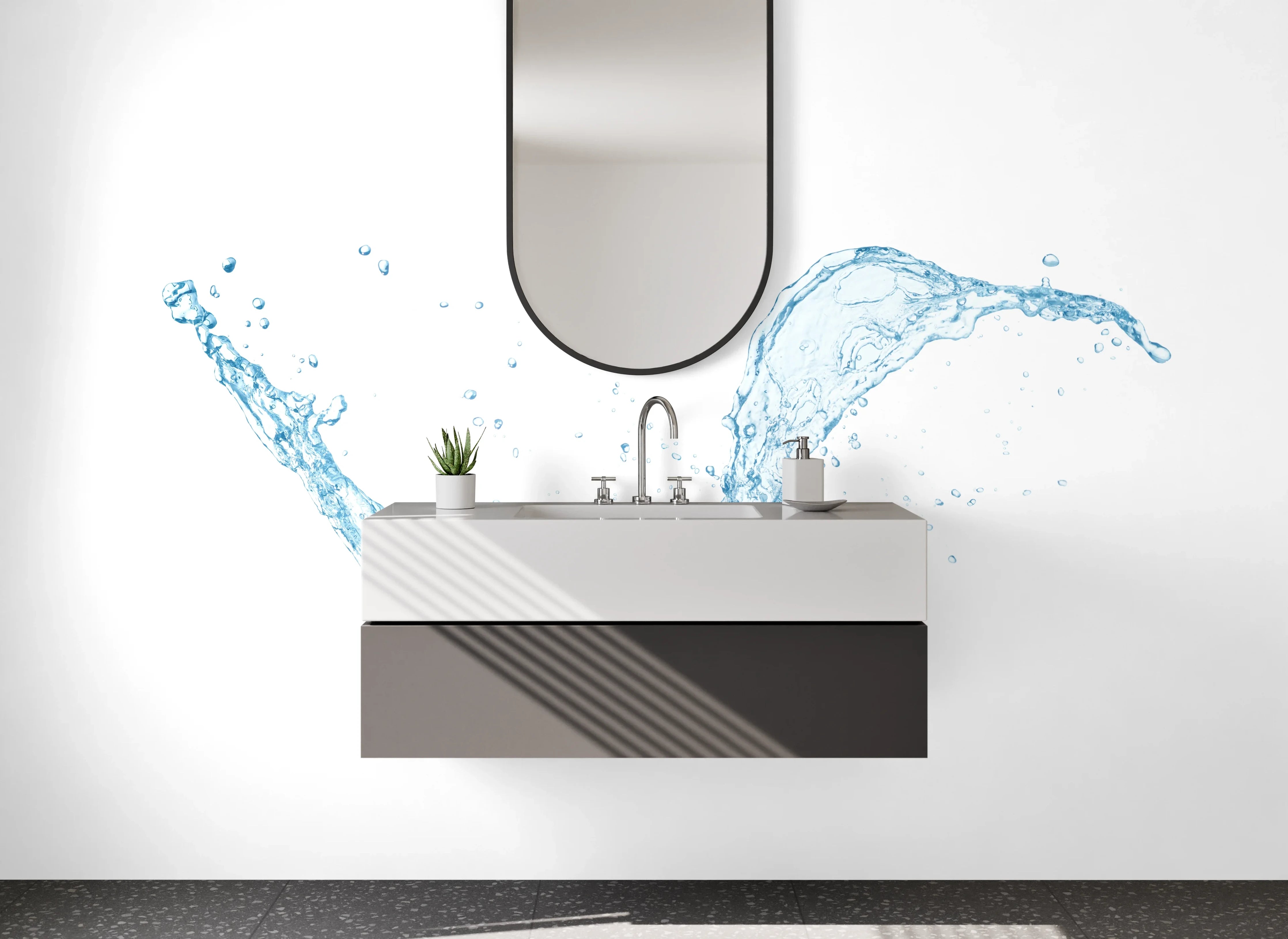 Waschbecken-Rückwand - Aquatischer Spritzer auf Weiß