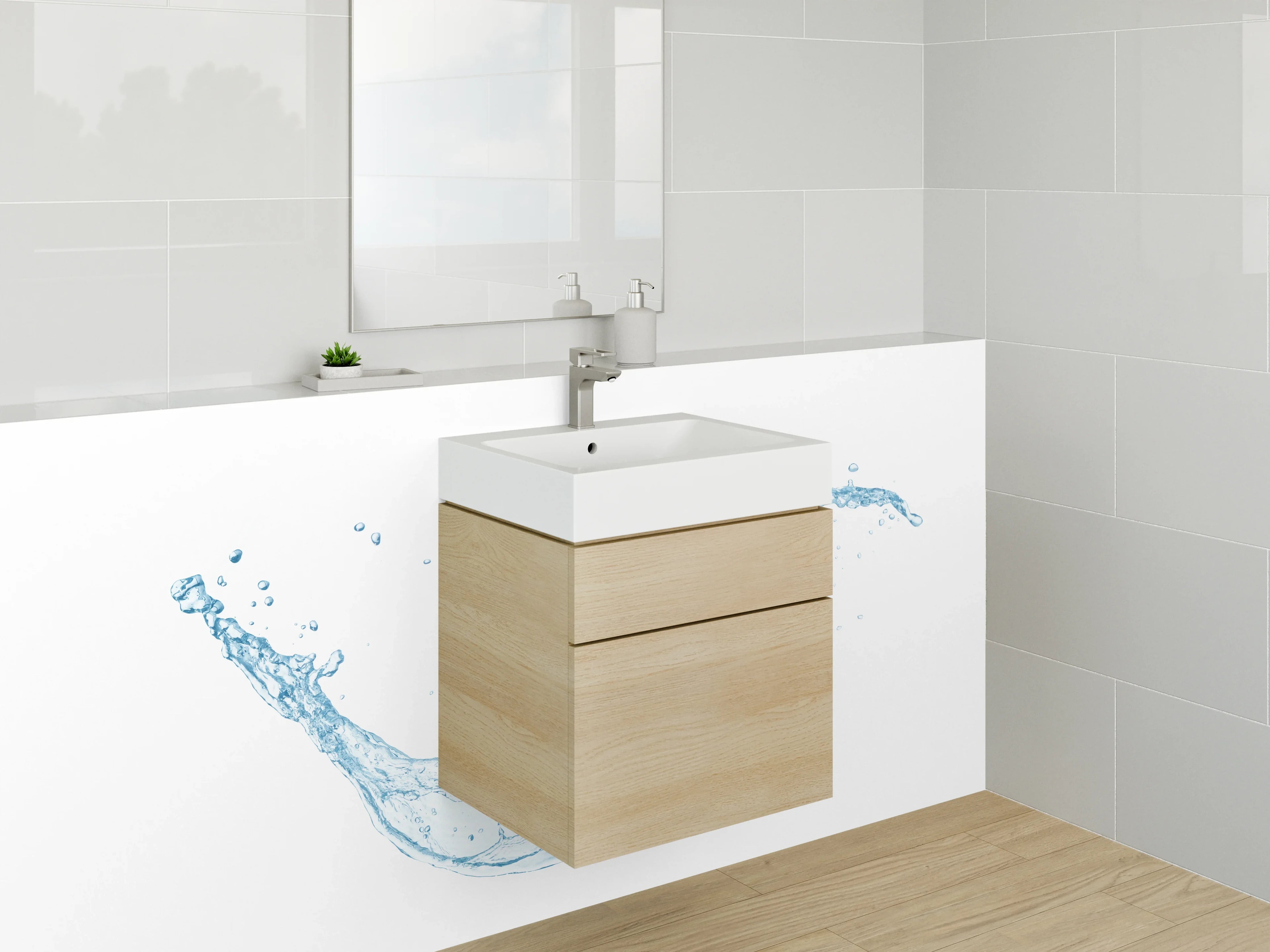 Waschbecken-Rückwand - Aquatischer Spritzer auf Weiß