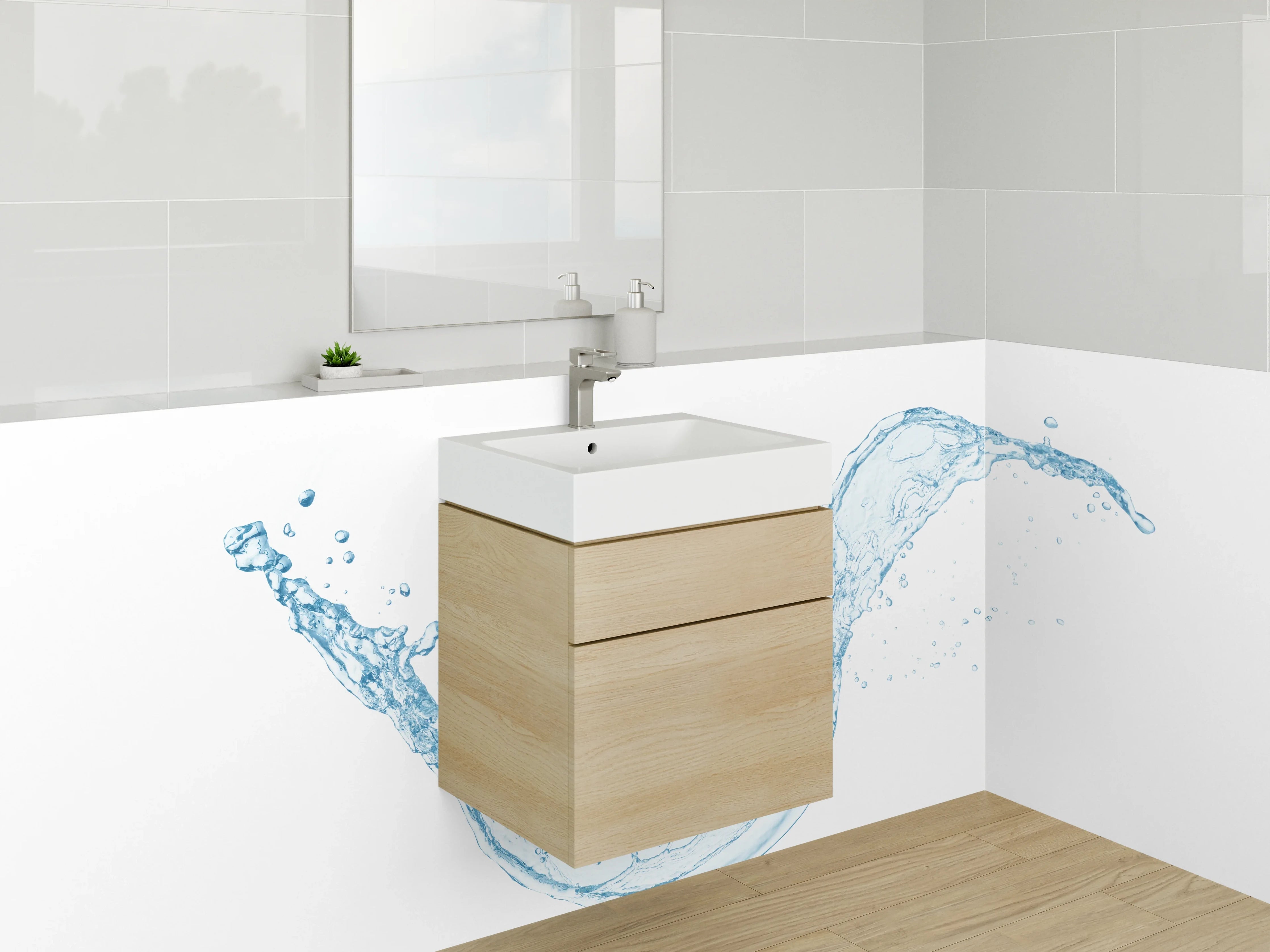 Waschbecken-Rückwand - Aquatischer Spritzer auf Weiß