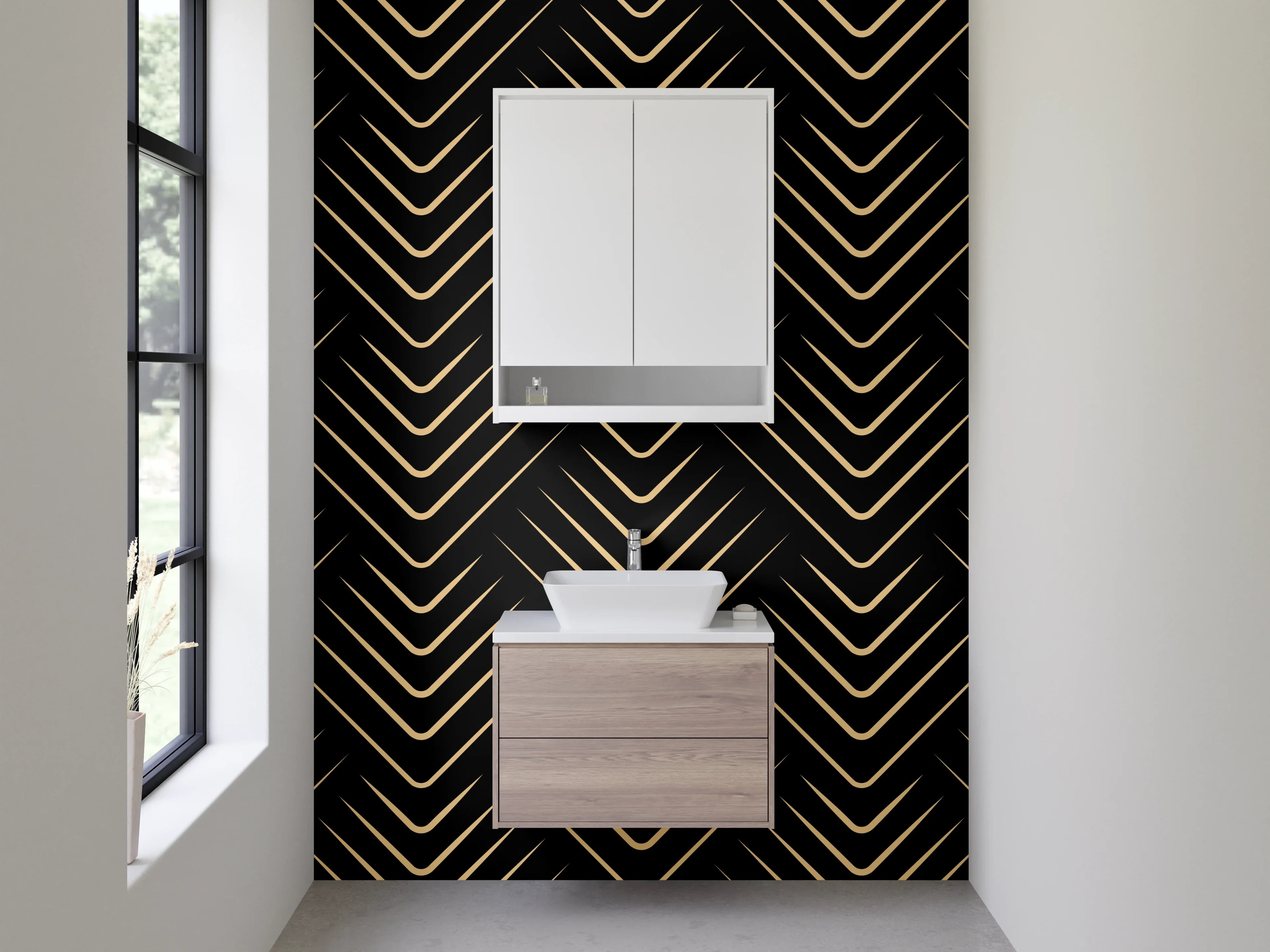 Waschbecken-Rückwand - Art Deco Chevron Muster Gold Schwarz