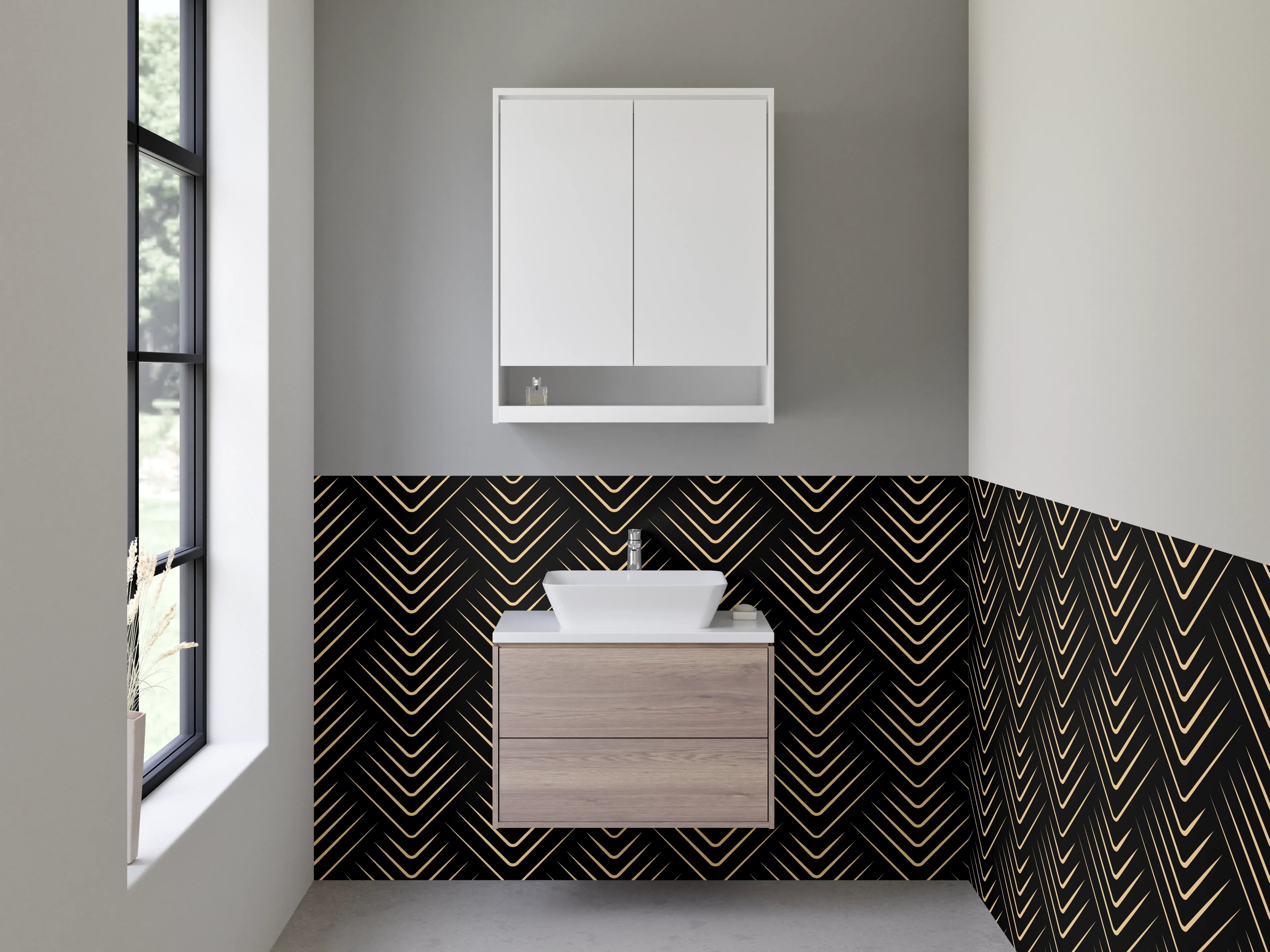 Waschbecken-Rückwand - Art Deco Chevron Muster Gold Schwarz