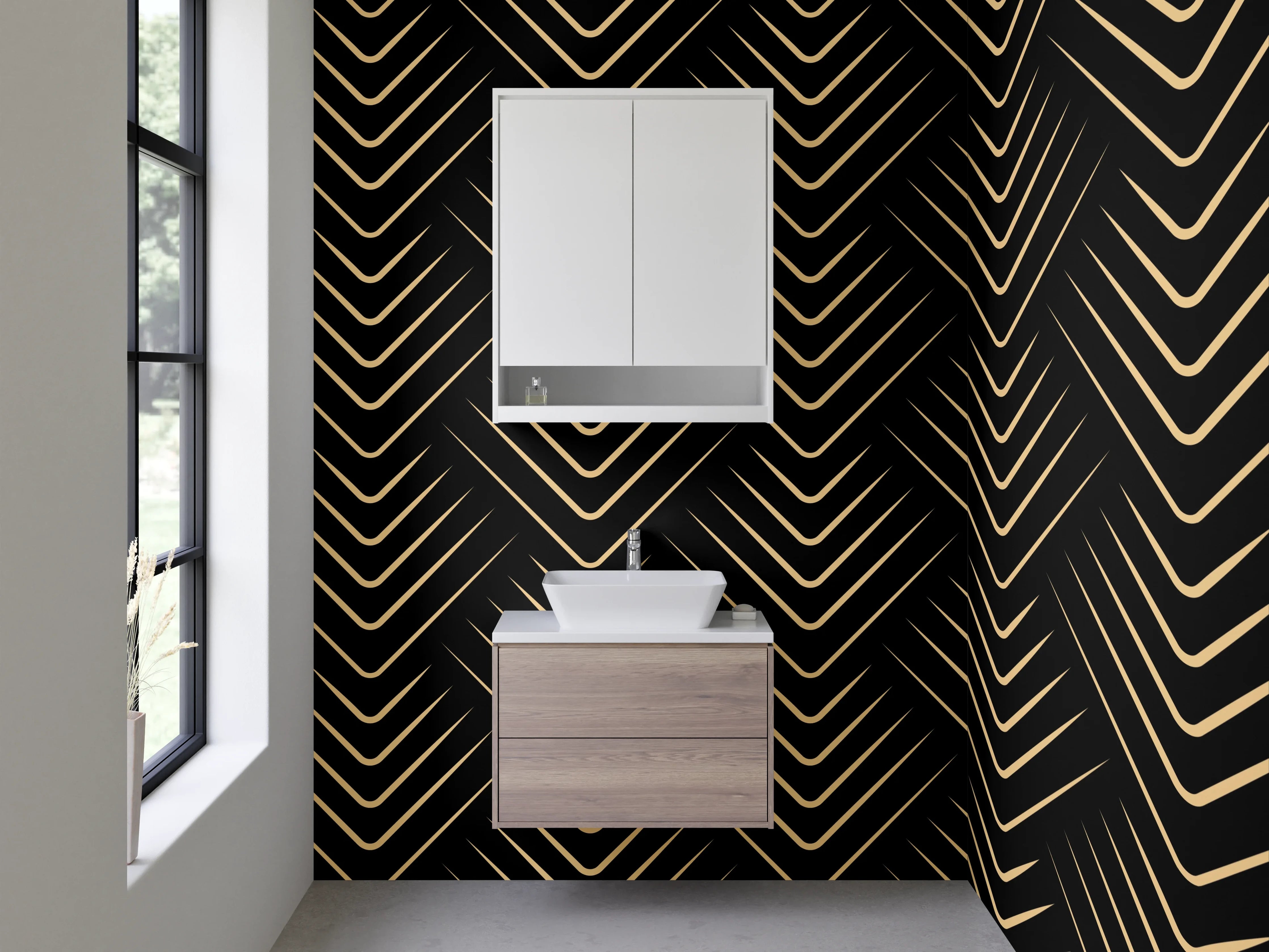 Waschbecken-Rückwand - Art Deco Chevron Muster Gold Schwarz