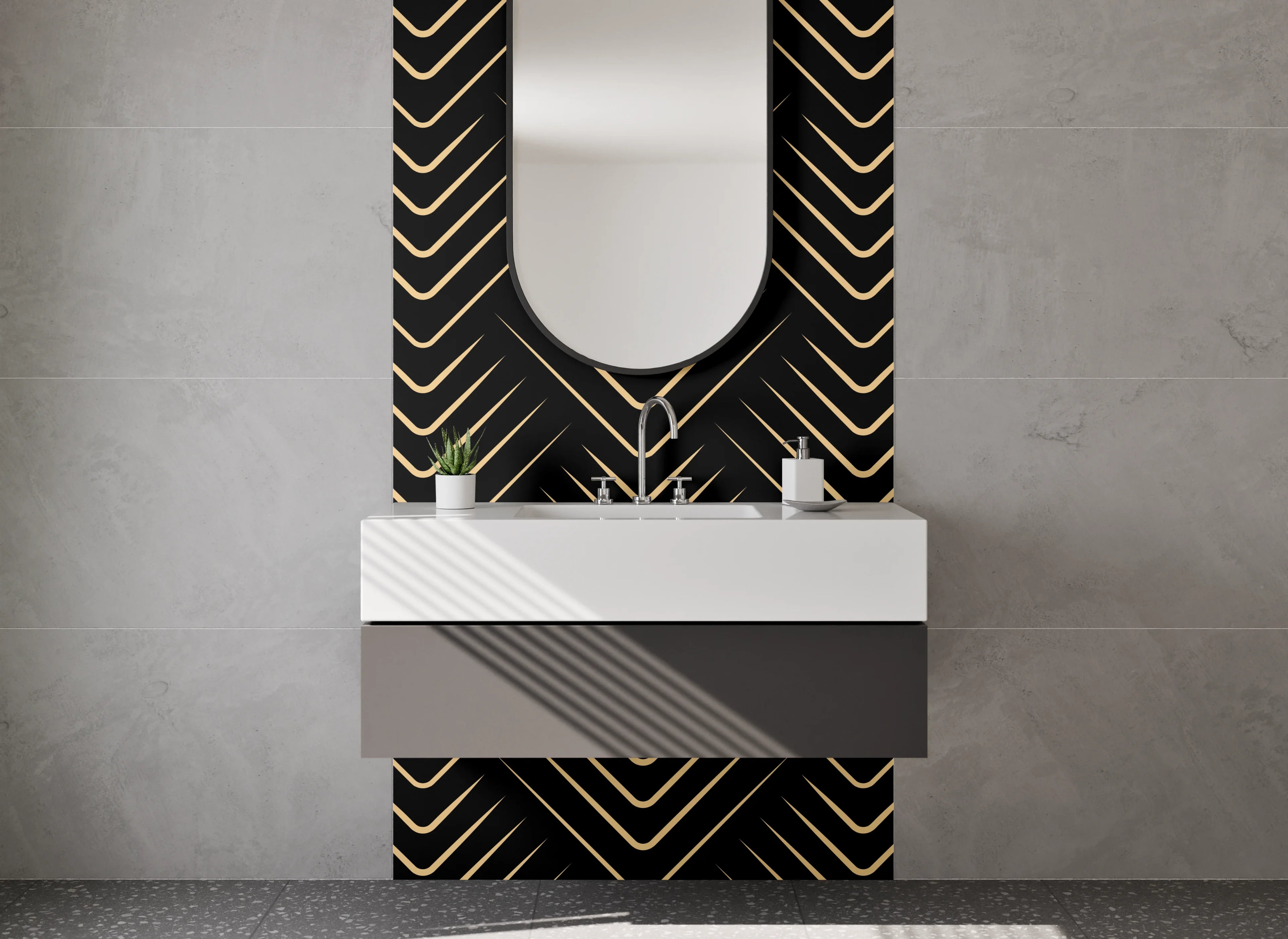 Waschbecken-Rückwand - Art Deco Chevron Muster Gold Schwarz