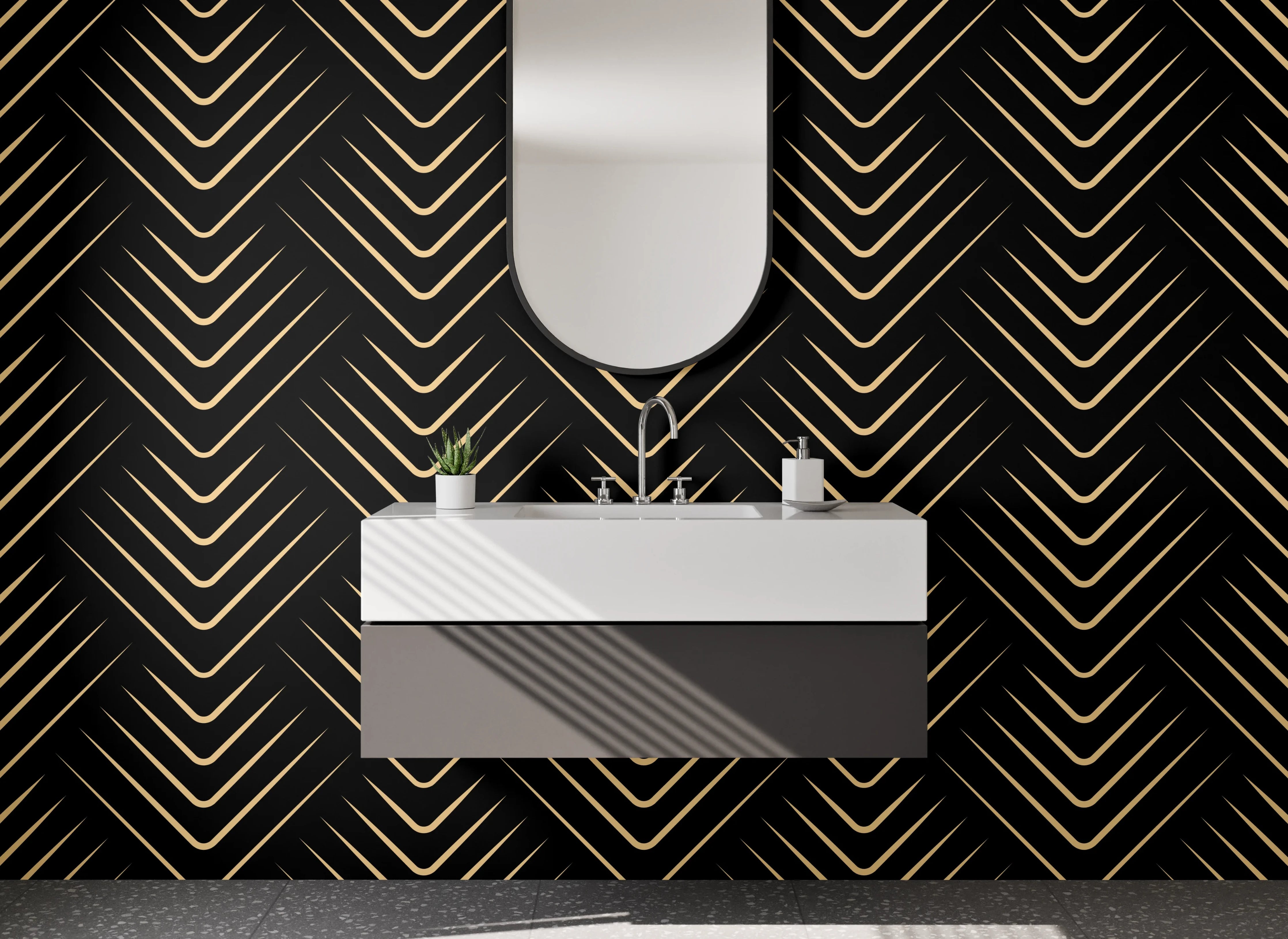 Waschbecken-Rückwand - Art Deco Chevron Muster Gold Schwarz