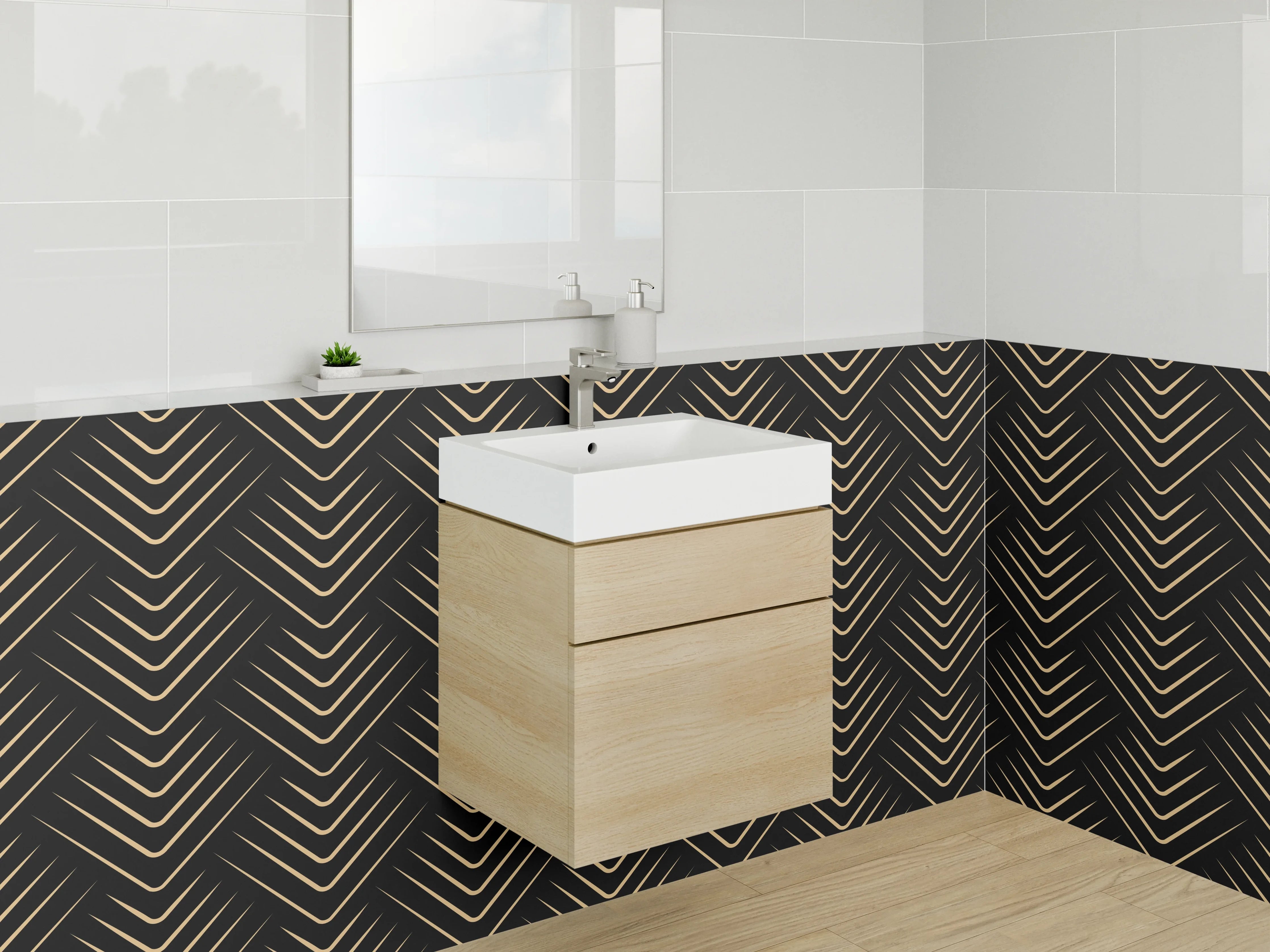 Waschbecken-Rückwand - Art Deco Chevron Muster Gold Schwarz